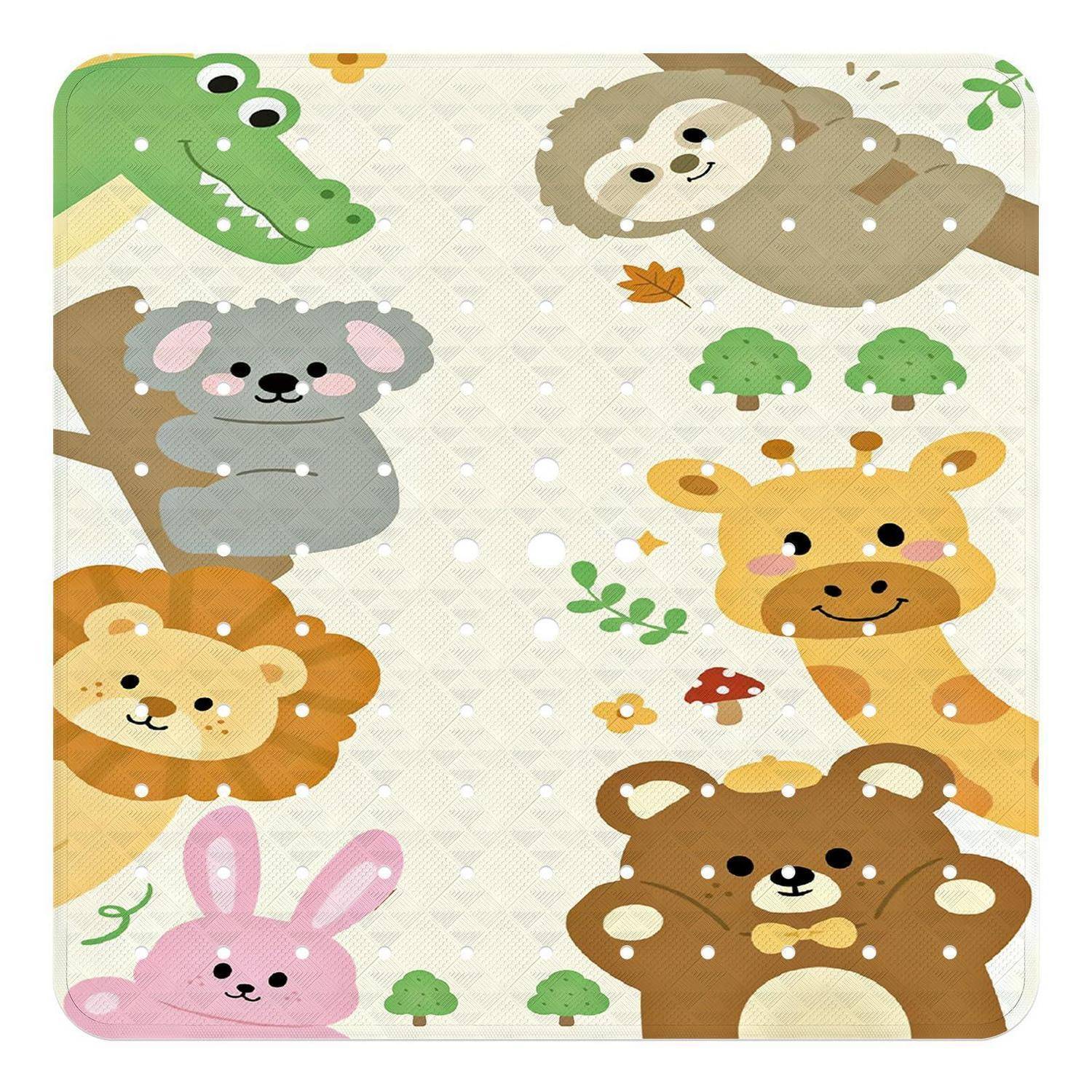 Bunte Kinderteppich mit Cartoon-Tiergraschen: Krokodil, Faultier, Koala, Löwe, Giraffe, Bär und Hase auf beigem Hintergrund.