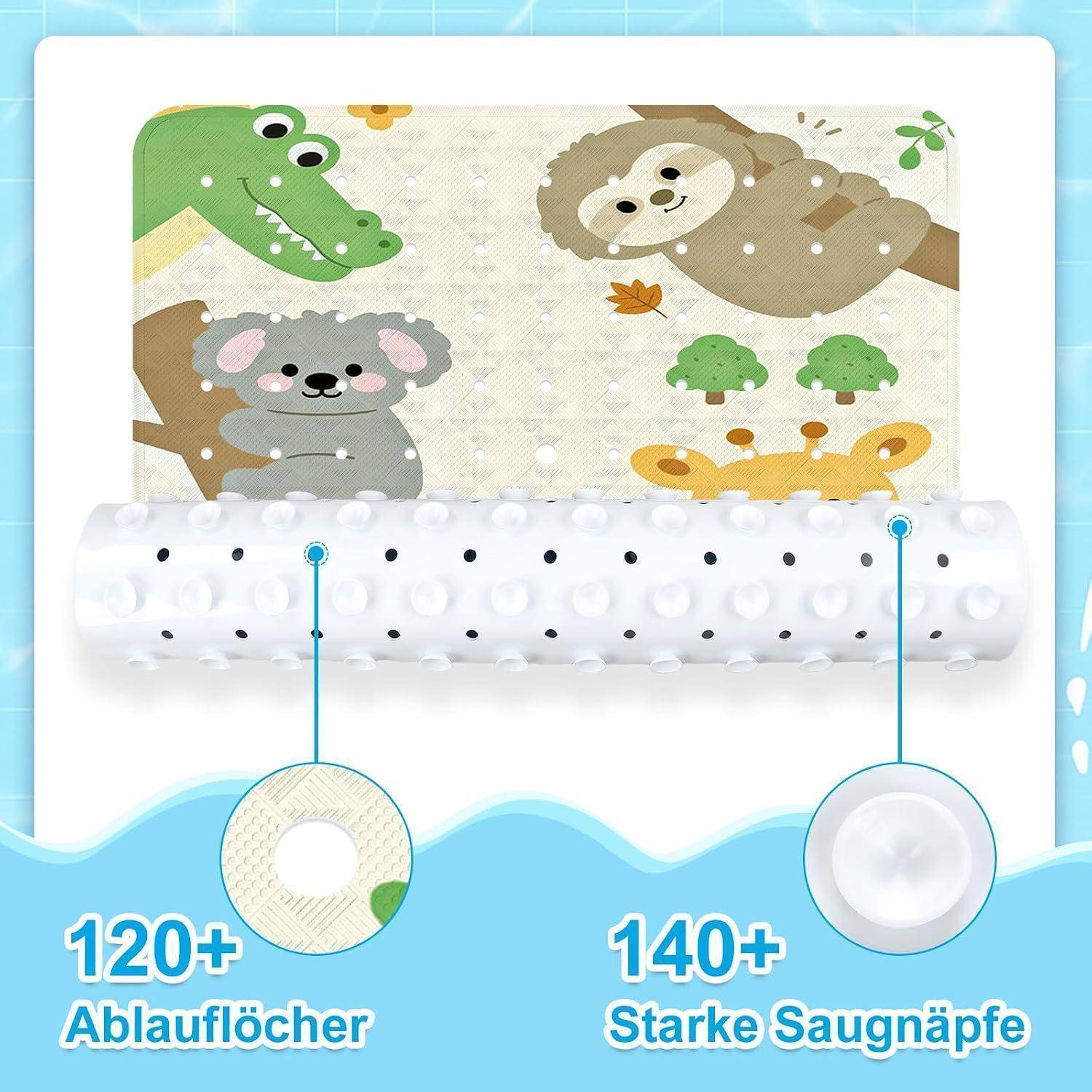 Babykrabbelmatte mit Tiermuster und erhöhter Saugnapfbasis, gekennzeichnet mit „120+ Ablauflocher