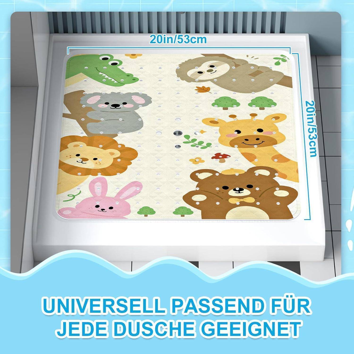 Quadratische Duschmatte, 20 Zoll/53 cm, mit niedlichen Tiergesichtern rund um die Kanten; Deutscher Text besagt, dass sie zu jeder Dusche passt.