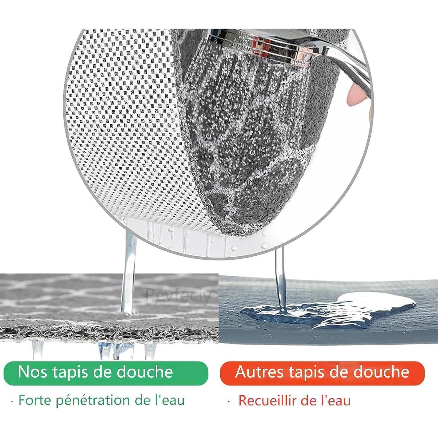 Vergleich von Duschmattens: links 'Nos tapis de douche' lässt Wasser durchfließen; rechts 'Autres tapis de douche' sammelt Wasser und bildet Pfützen.