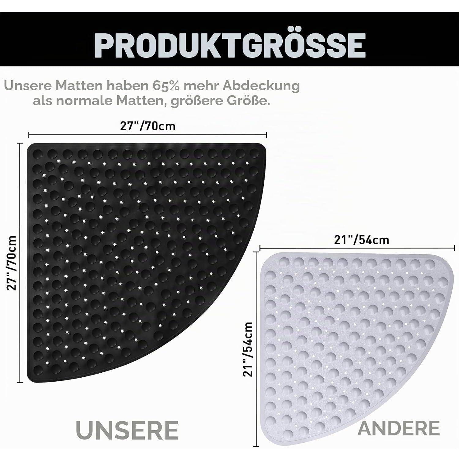 Vergleichsgrafik, die zeigt, dass unsere Matte größer ist: 27 x 27 Zoll (70 cm) gegenüber andere Matte 21 x 21 Zoll (54 cm), mit 65% mehr Abdeckung.