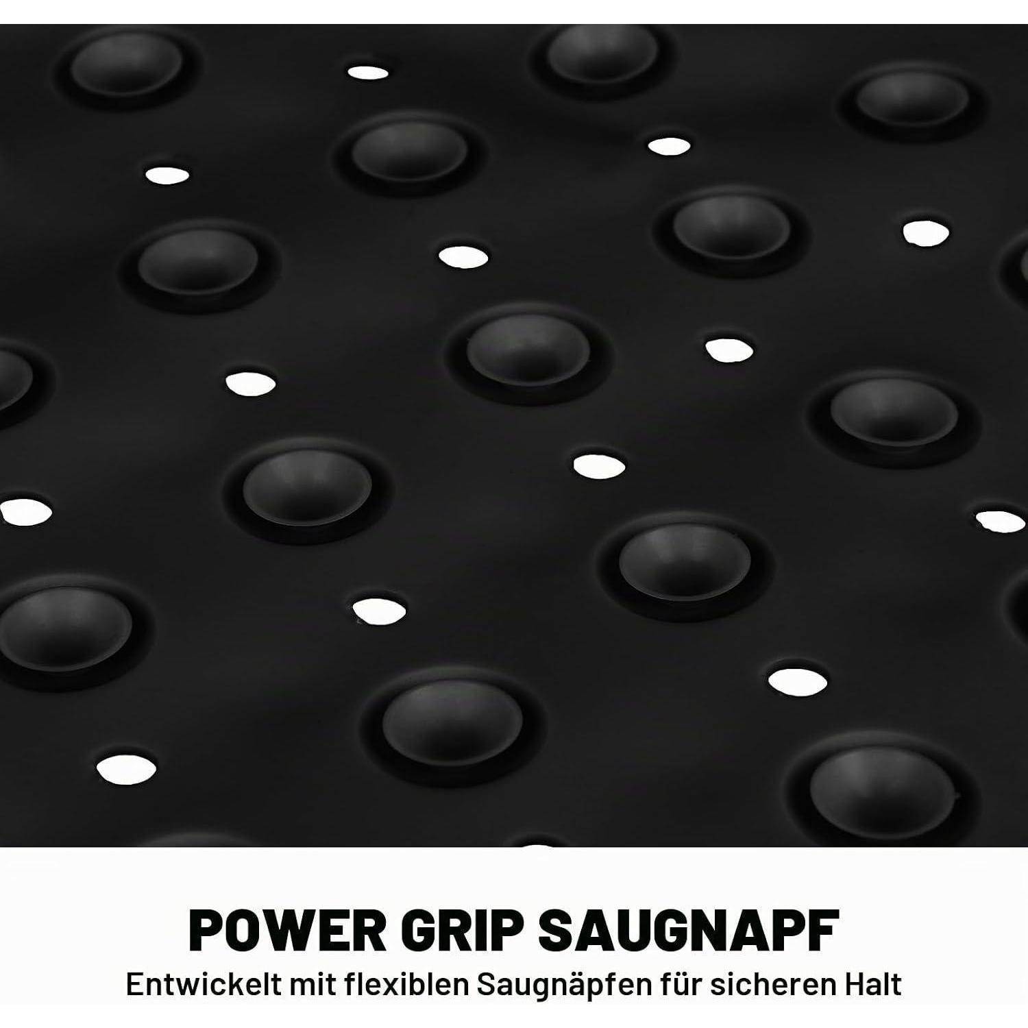 Schwarze, perforierte Grifffläche mit erhabenen Saugnapfzonen und weißen Punkten, beschriftet mit „POWER GRIP SAUGNAPF