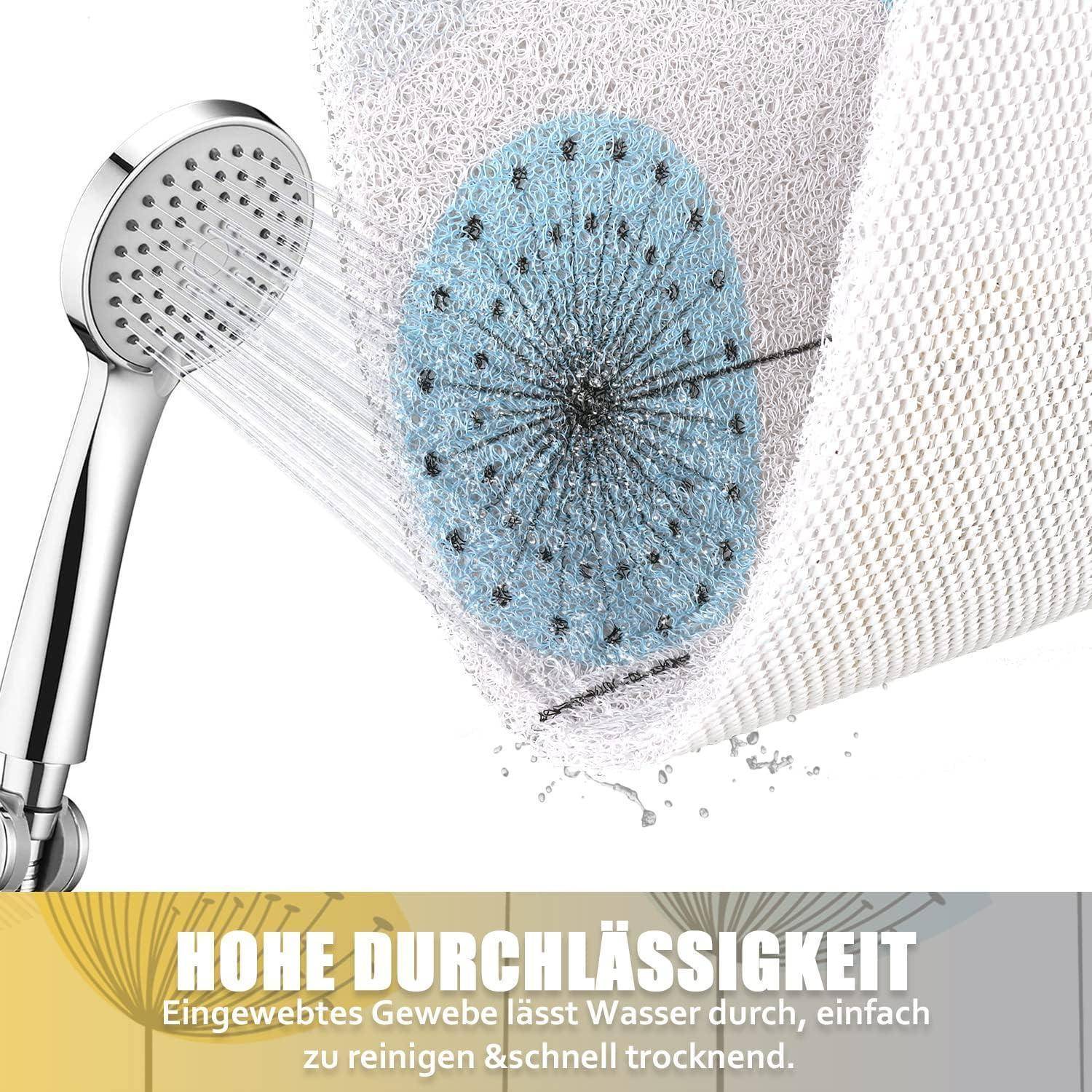 Duschkopf sprüht Wasser auf einen gewebten blau-weißen Stofffilter mit deutschem Text, der hohe Wasserdurchlässigkeit und einfache Reinigung bewirbt.