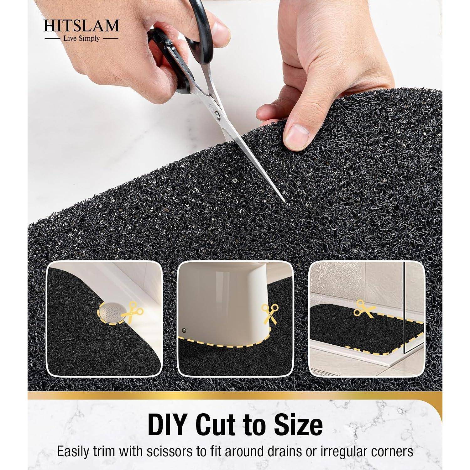 Hände trimmen eine schwarze rutschfeste Matte mit einer Schere; Einschübe zeigen das Zuschneiden an Ecken und Abflüssen. Text: „DIY Nach Maß zuschneiden