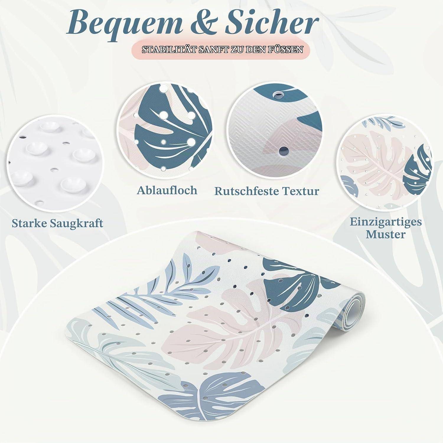 Promotional-Bild einer Badematte mit Blumenmuster mit Bildunterschriften, die starke Saugkraft, Drainagelöcher, rutschfeste Oberfläche und einzigartiges Design hervorheben.