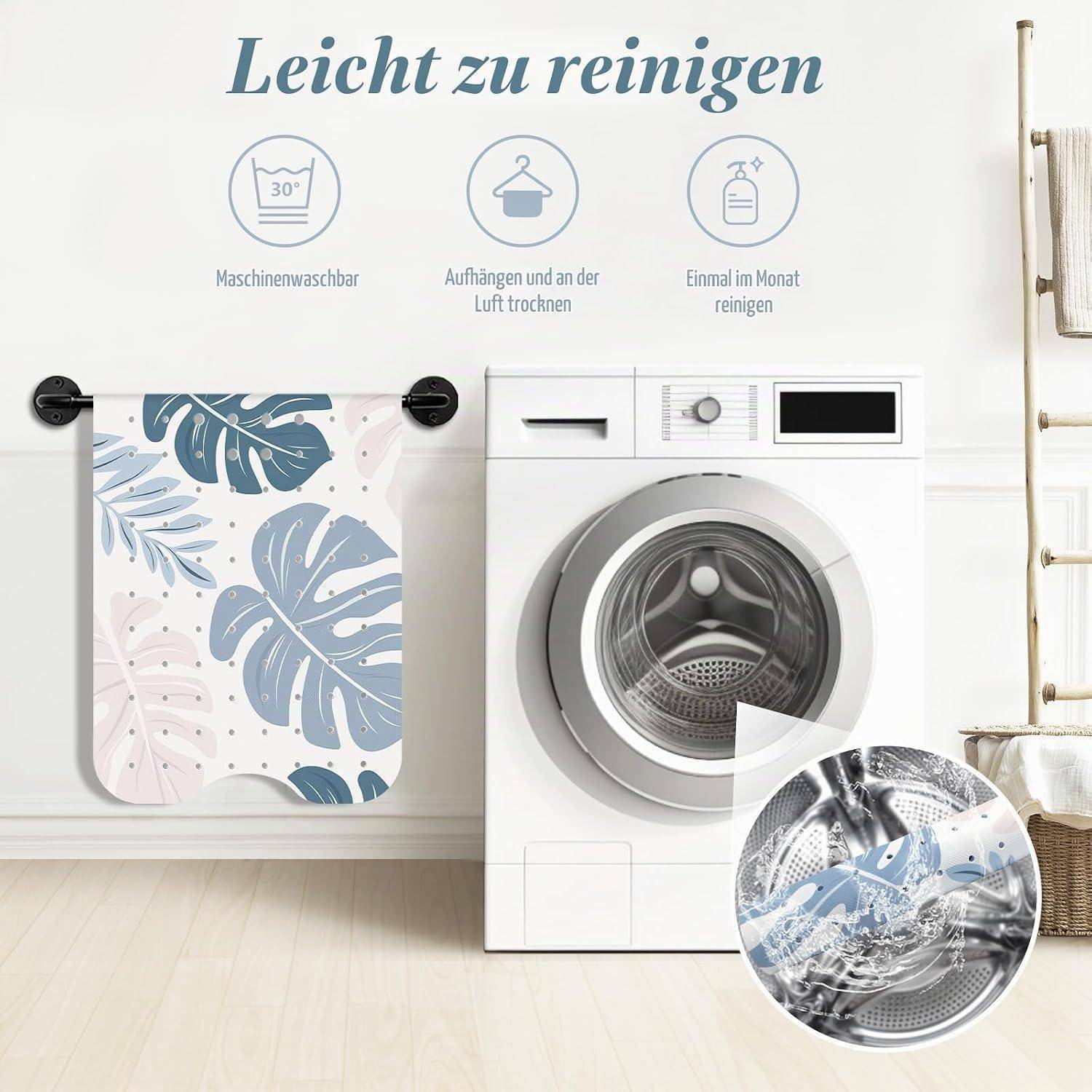 Wäscheraum-Grafik mit einer Waschmaschine und abnehmbarem Stoffüberzug, mit deutschem Text „Leicht zu reinigen