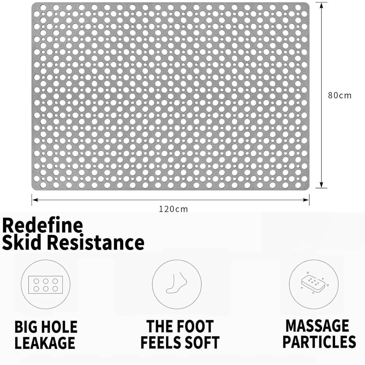 Graue perforierte rutschfeste Matte, 120 cm x 80 cm, mit großen Löchern und Text, der besagt: 'Rutschfestigkeit neu definieren', 'Große Loch-Drainage', 'Der Fuß fühlt sich weich an' und 'Massagepartikel'.