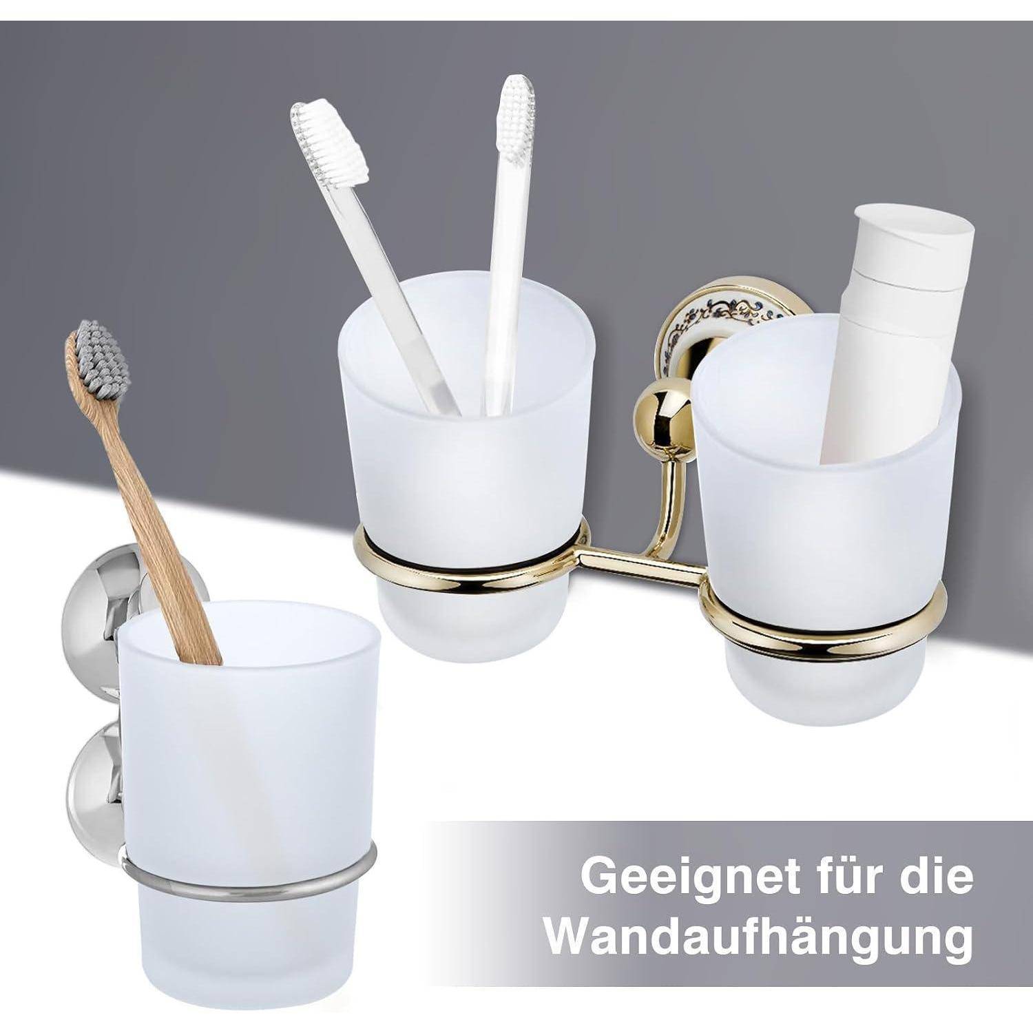 Wandmontiertes Badezimmer-Zahnbursthalter-Set mit drei mattierten Bechern zum Halten von Zahnbürsten und Zahnpasta; Text sagt „Geeignet für die Wandaufhängung