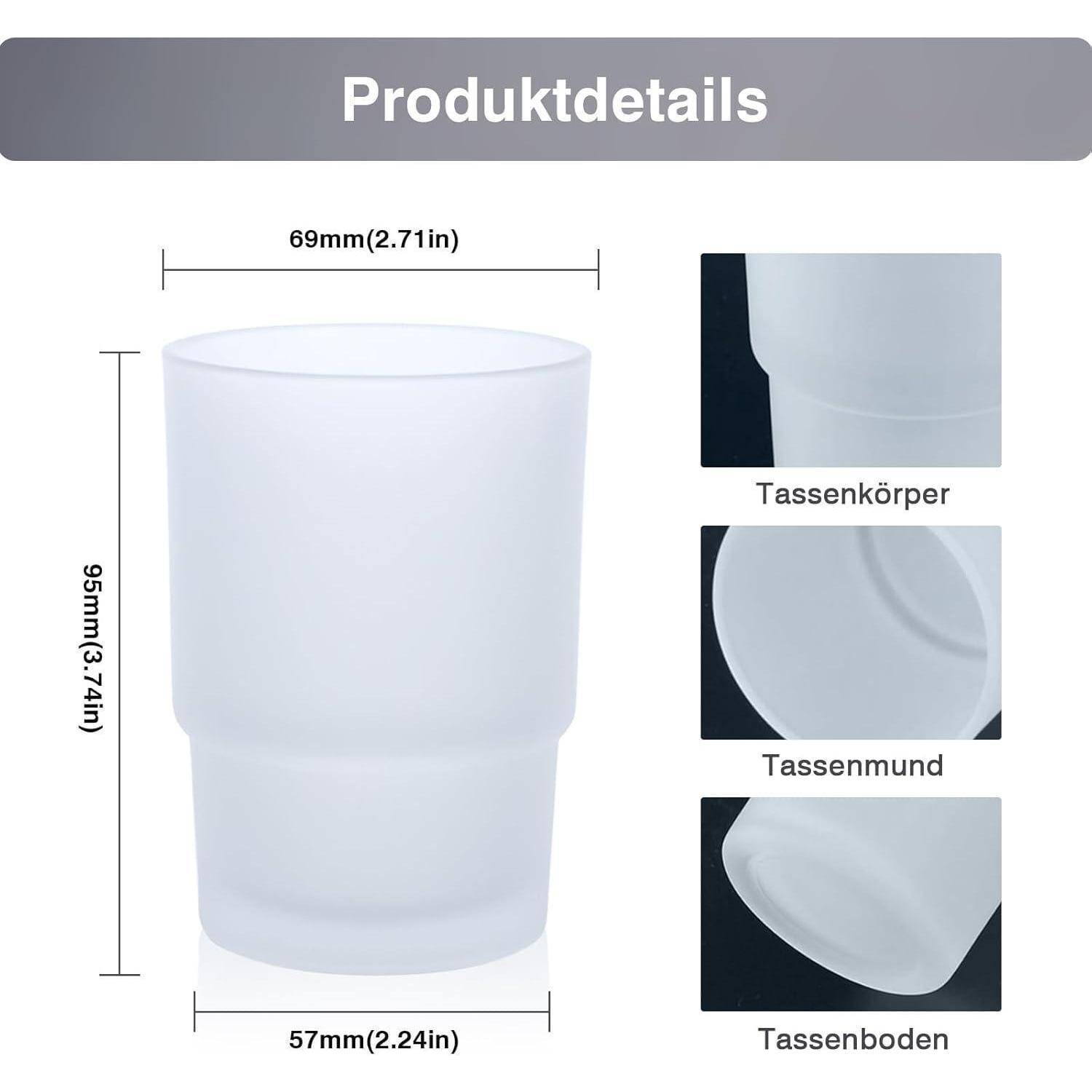 Produktdetaildiagramm einer weißen Tasse: 95 mm Höhe, 69 mm Durchmesser oben, 57 mm Durchmesser unten, mit Detailansichten von Korpus, Rand und Boden.