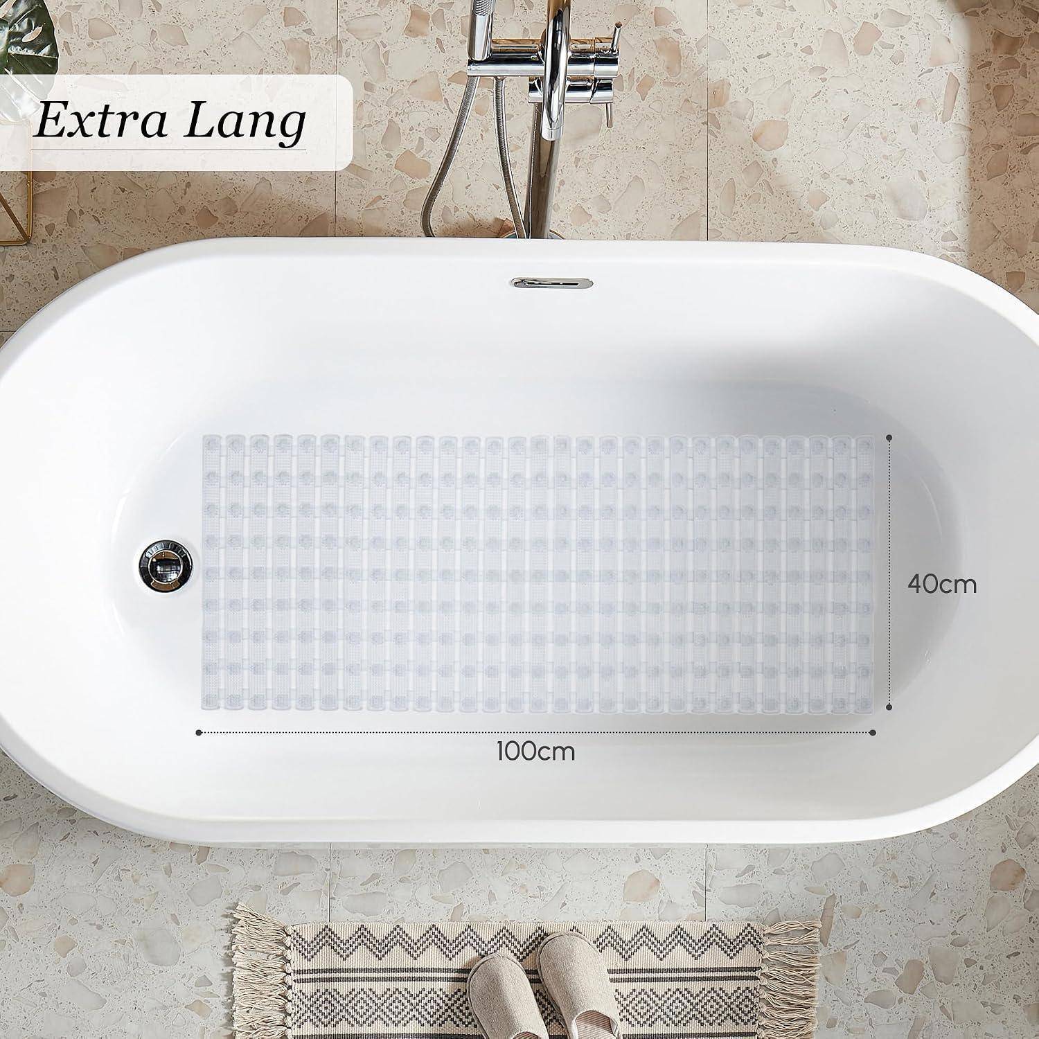 Draufsicht einer weißen Badewanne mit einer rutschfesten Matte; beschriftet mit „Extra Lang" und den Abmessungen 100 cm mal 40 cm.