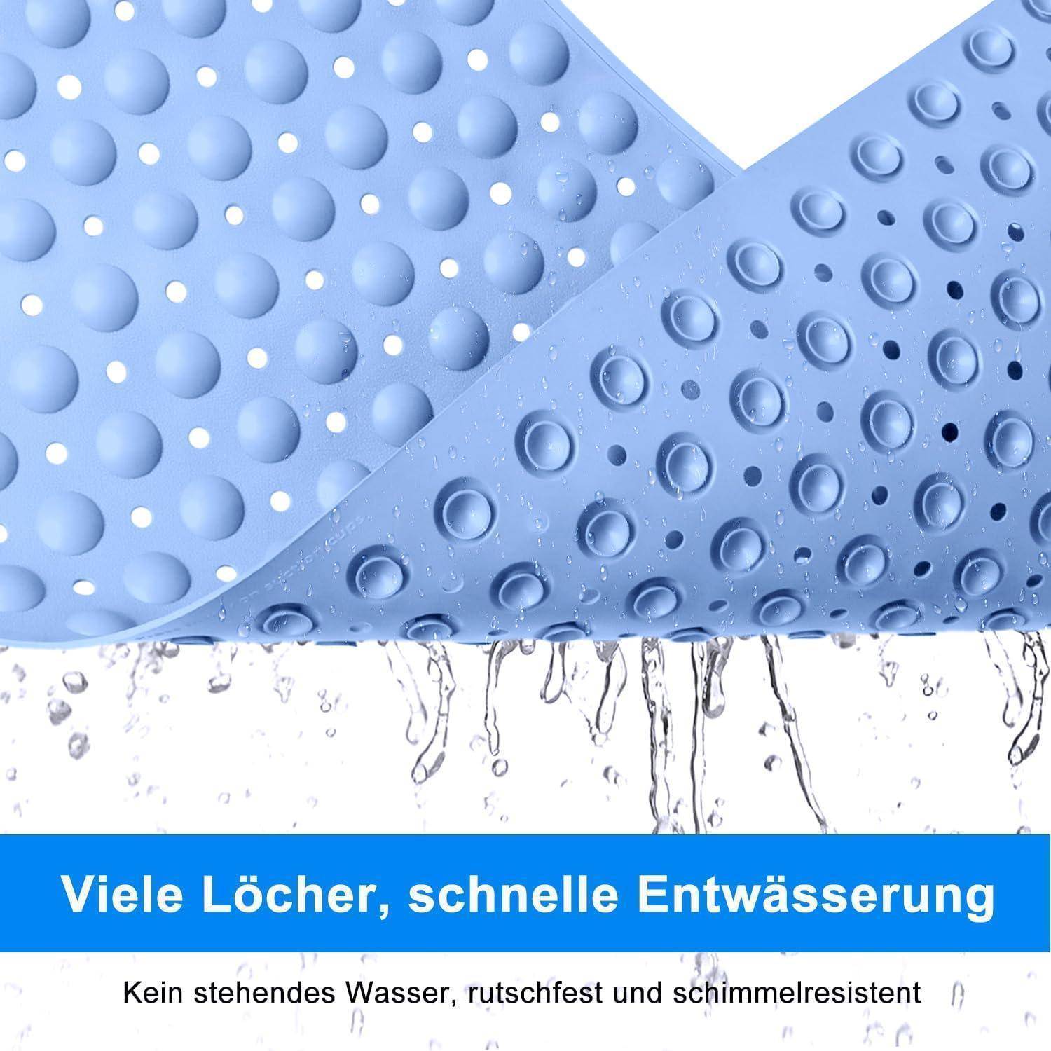 Blauabdeckmatte mit Lochung und Rutschfestigkeit; deutscher Text besagt „Viele Löcher, schnelle Drainage