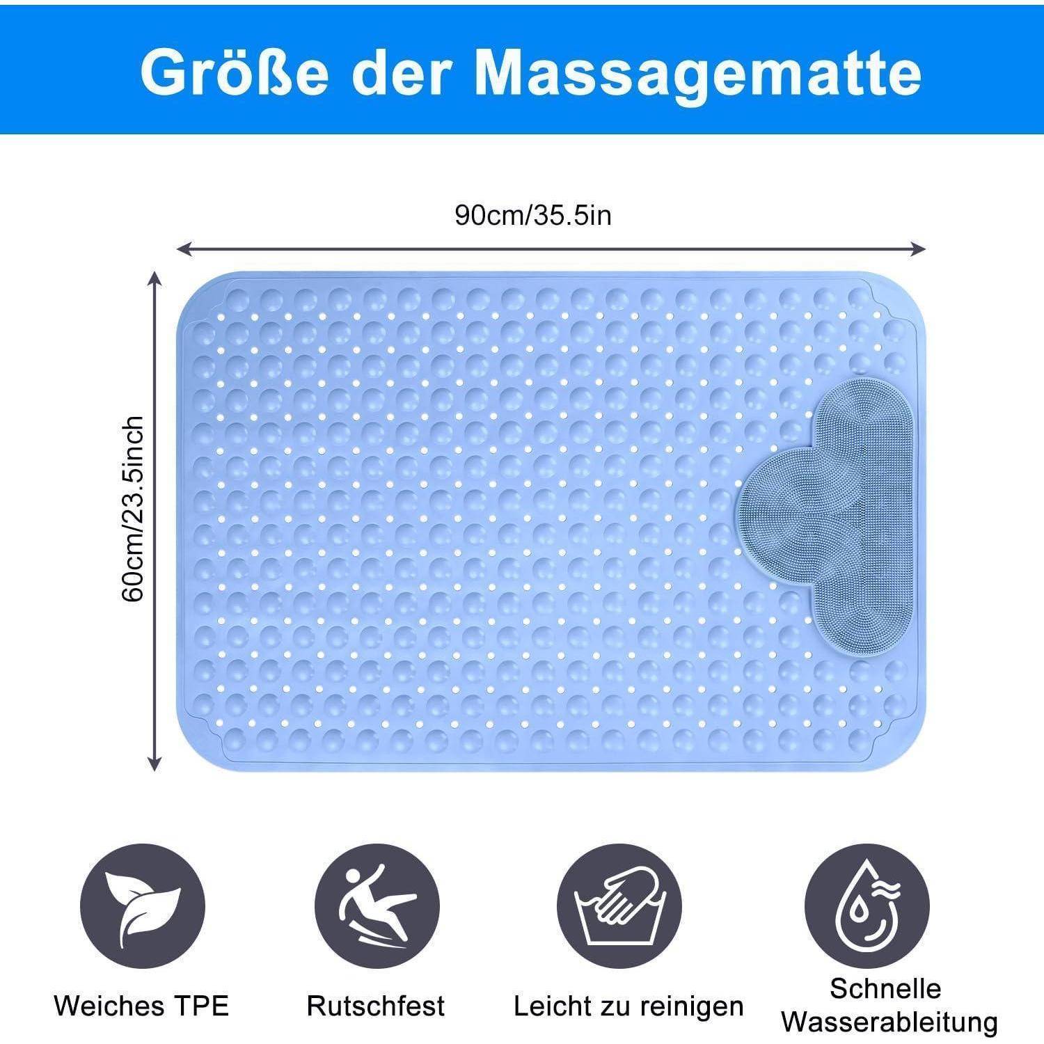 Größentabelle der blauen Massagematte mit der Bezeichnung „Größe der Massagematte