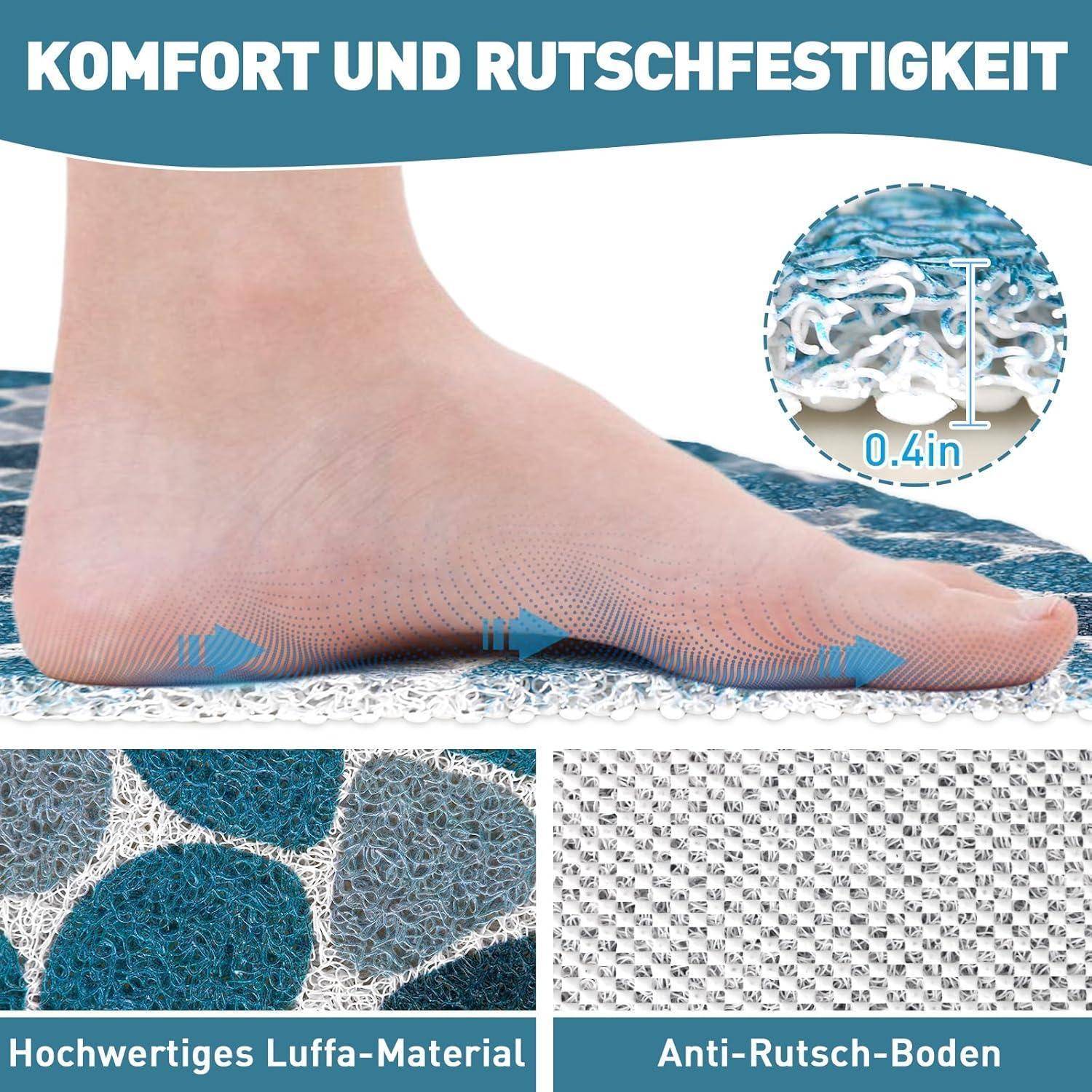 Fuß trägt eine gepolsterte Schuheinlage/Matte mit der Aufschrift „Komfort und Rutschfestigkeit