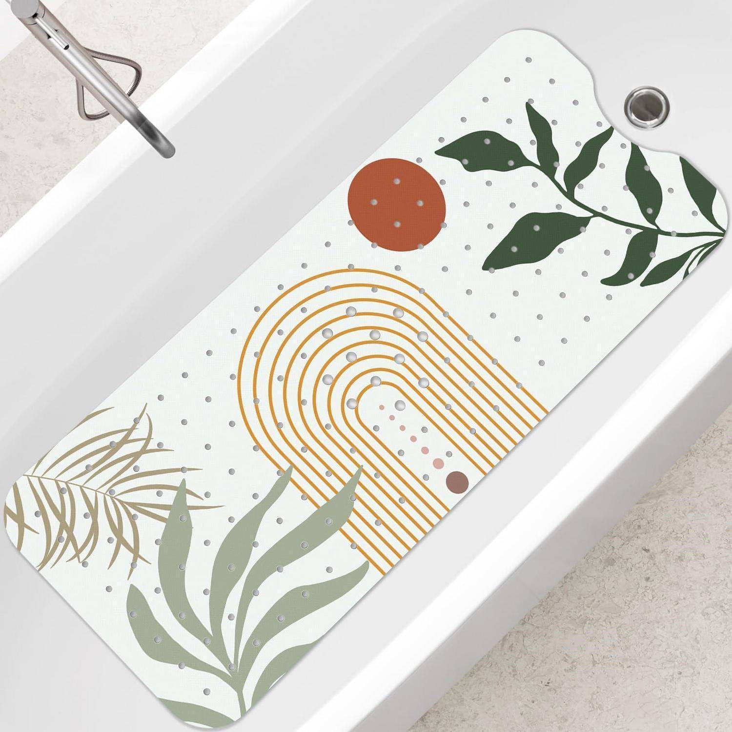 Dekoratives Badewannentablett mit abstraktem botanischem Design und Regenbogenlinienmuster in einer weißen Badewanne, von oben betrachtet.