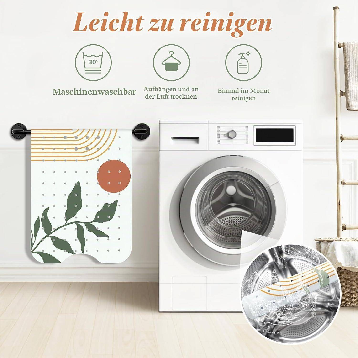Waschsalon neben einer Waschmaschine mit deutschem Text „Leicht zu reinigen