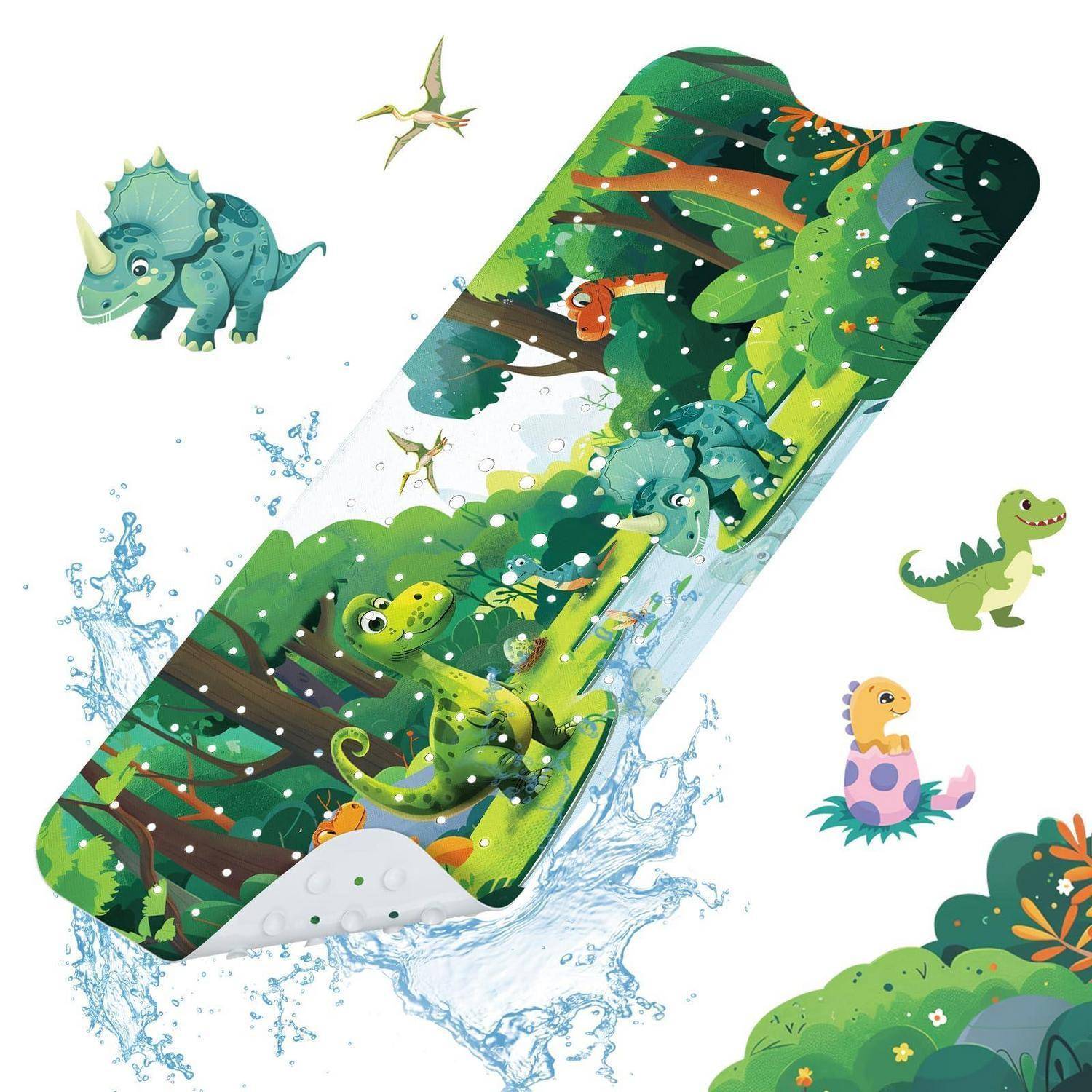 Illustriertes Smartphone mit einer Dschungelszene auf dem Bildschirm, umgeben von Wasserspritzern und Cartoon-Dinosauriern.