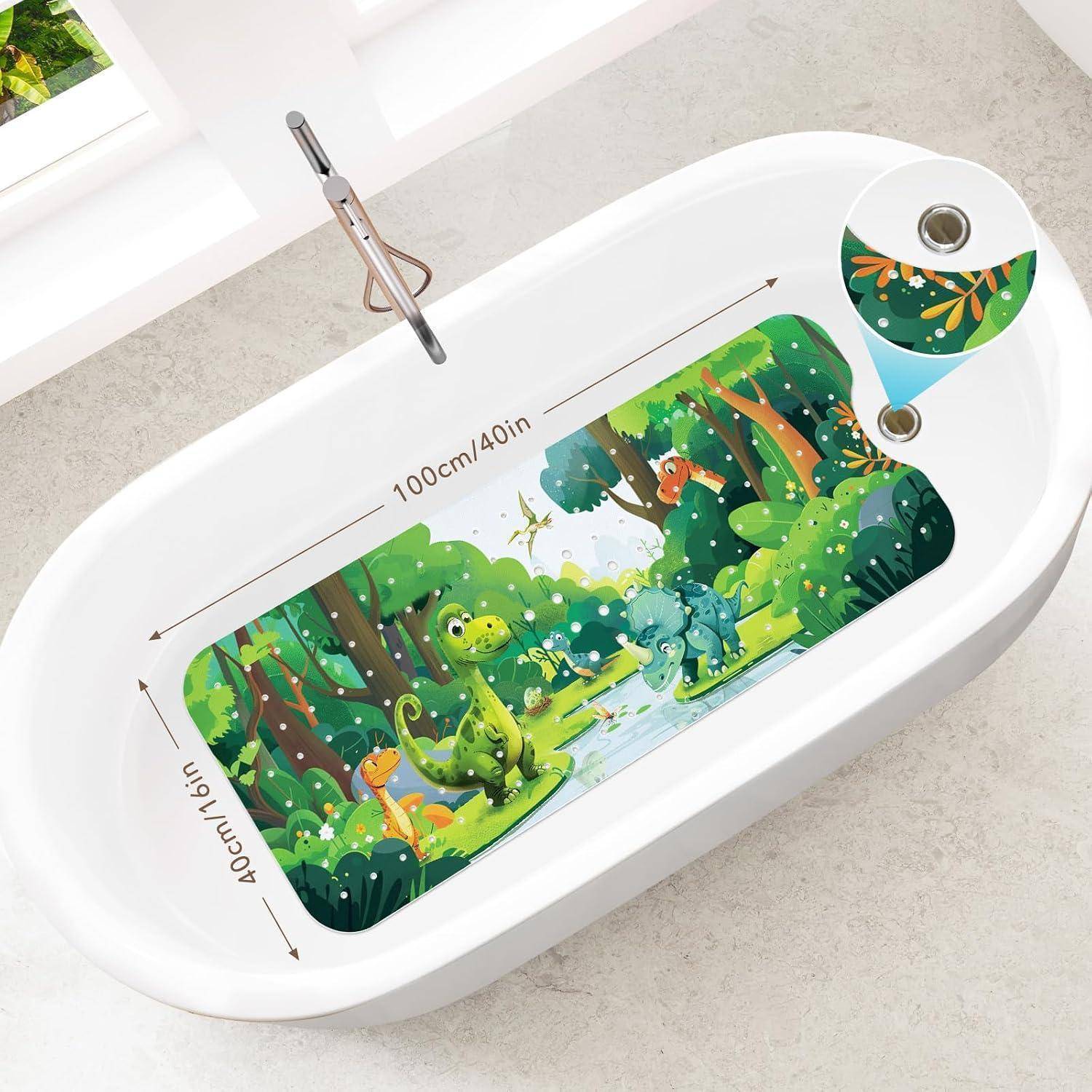 Weißes ovales Badewanne mit einem Dschungel-Dinosaurier-Aufkleber auf dem Becken und passendem rundem Ablaufdeckel; beschriftet mit 100cm/40 Zoll Länge und 40cm/16 Zoll Breite.