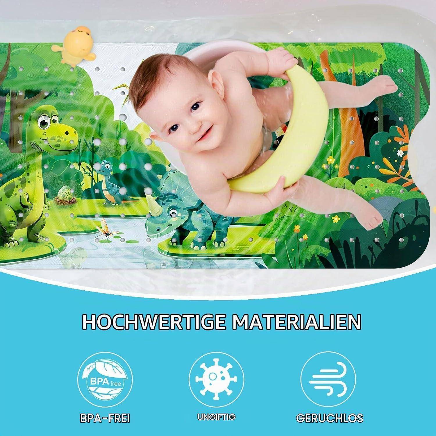 Baby liegt auf einer bunten Cartoon-Spielmatte, hält ein bananenförmiges Spielzeug; Beschriftungen darunter sagen 'HOCHWERTIGE MATERIALIEN', 'BPA-FREI', 'UNGIFTIG', 'GERUCHLOS'.