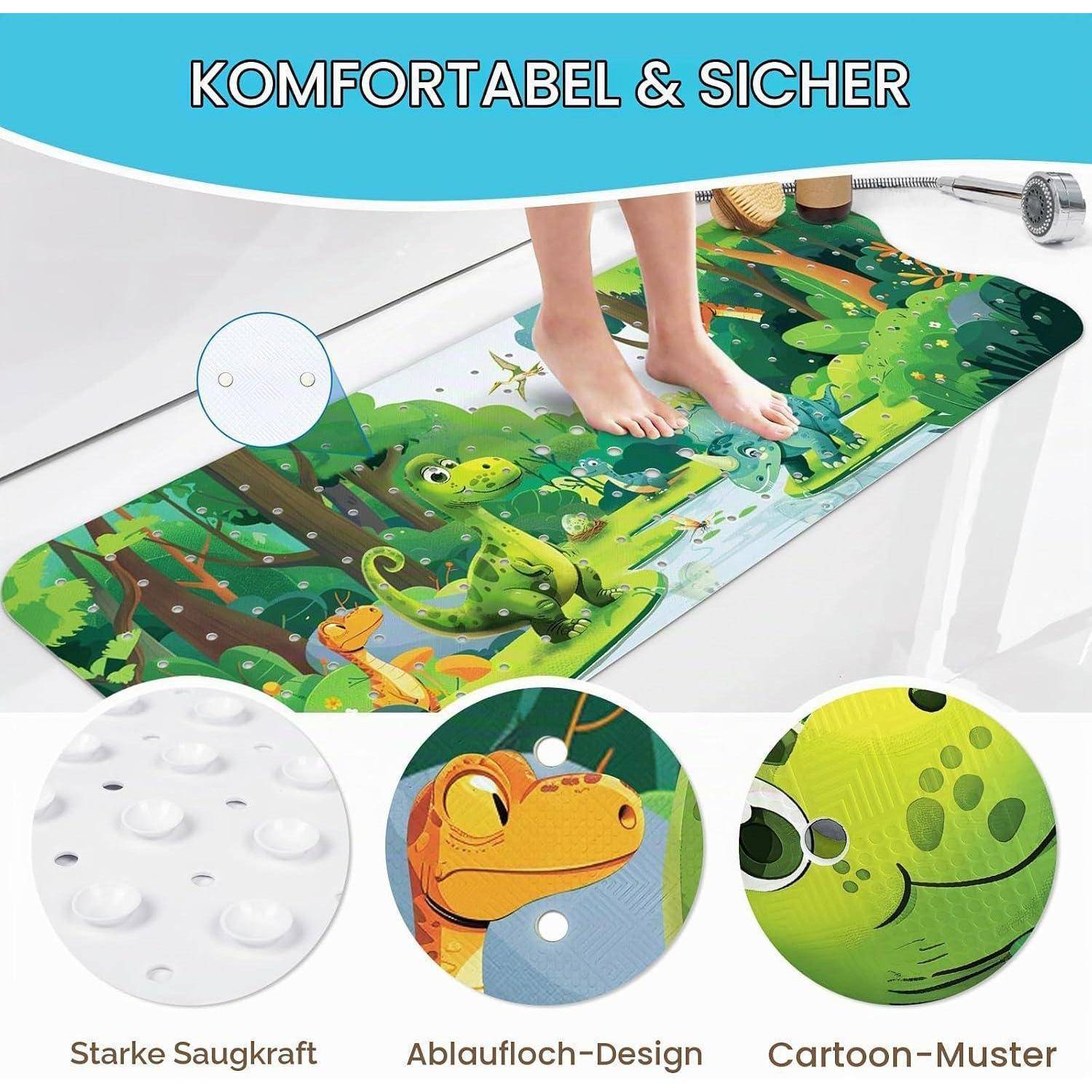 Badezimmermatte mit Cartoon-Dinosaurier-Design; gekennzeichnet mit 