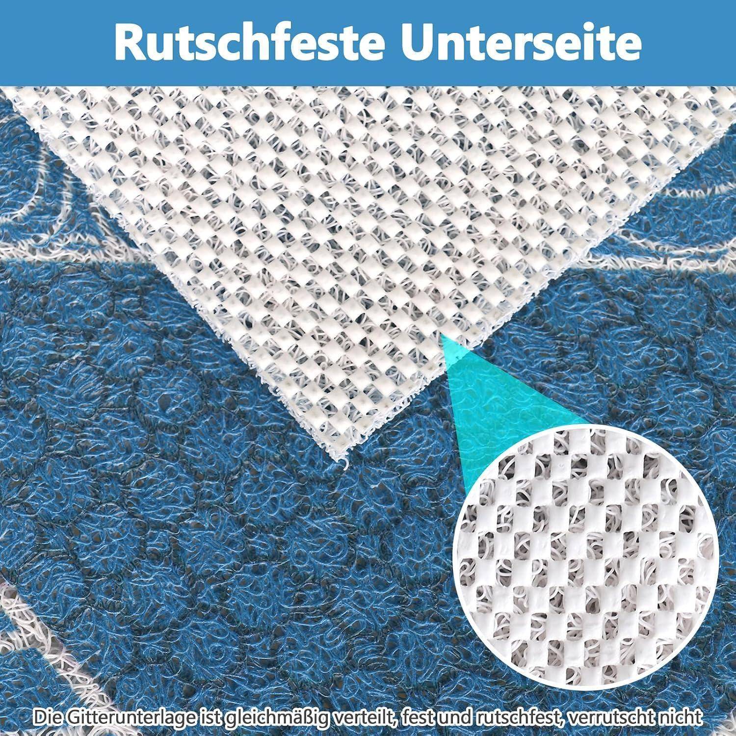 Weiße strukturierte Gittermatte auf blauem Boden gezeigt, mit einer Nahaufnahme im Einsatz, die ihre rutschfeste, gleichmäßig verteilte Unterseite hervorhebt.