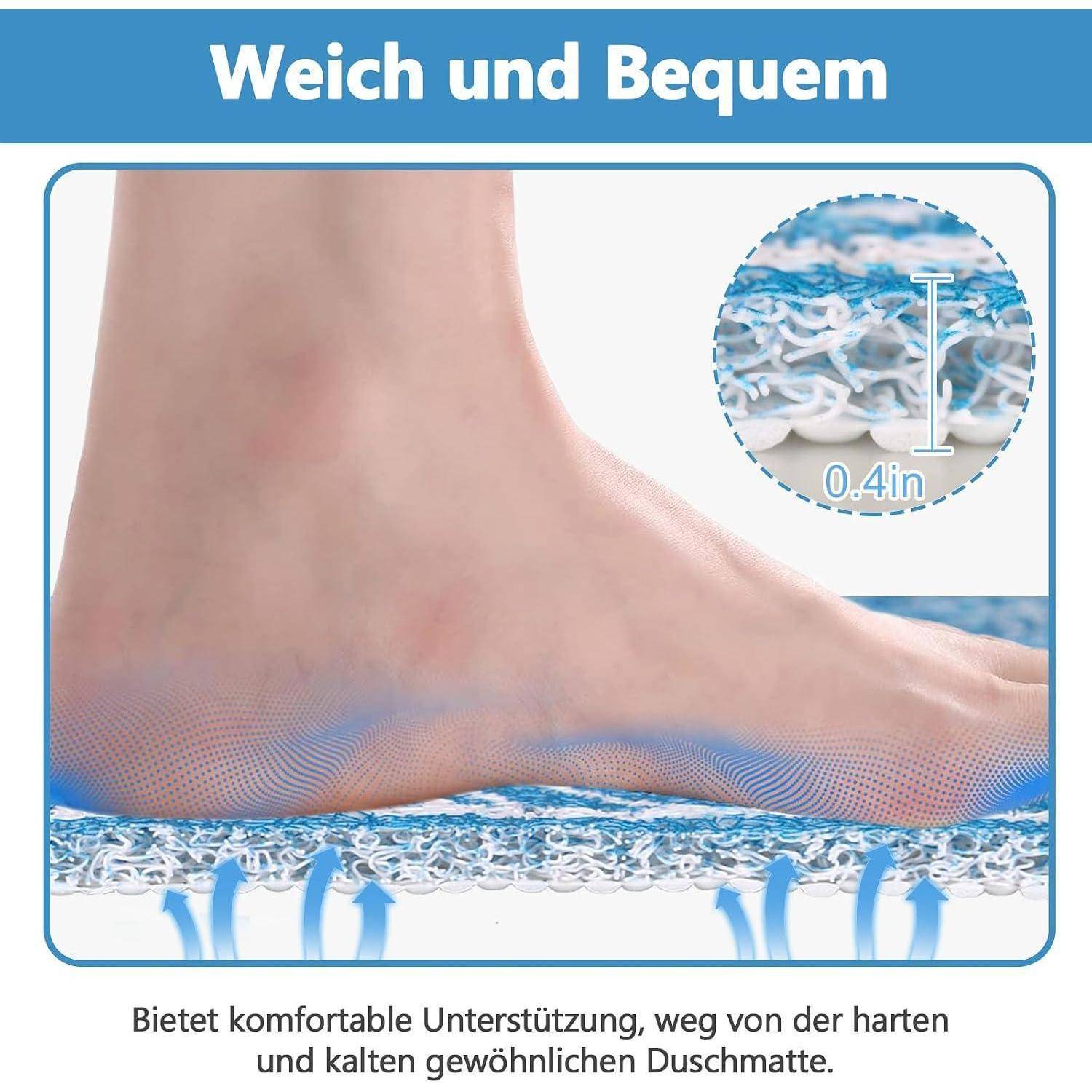 Gepolsterter Fuß auf einer weichen Innensohle mit der Bezeichnung „Weich und Bequem", die eine Dicke von 0,4 zeigt und eine stützende Luftzirkulation darunter aufweist.