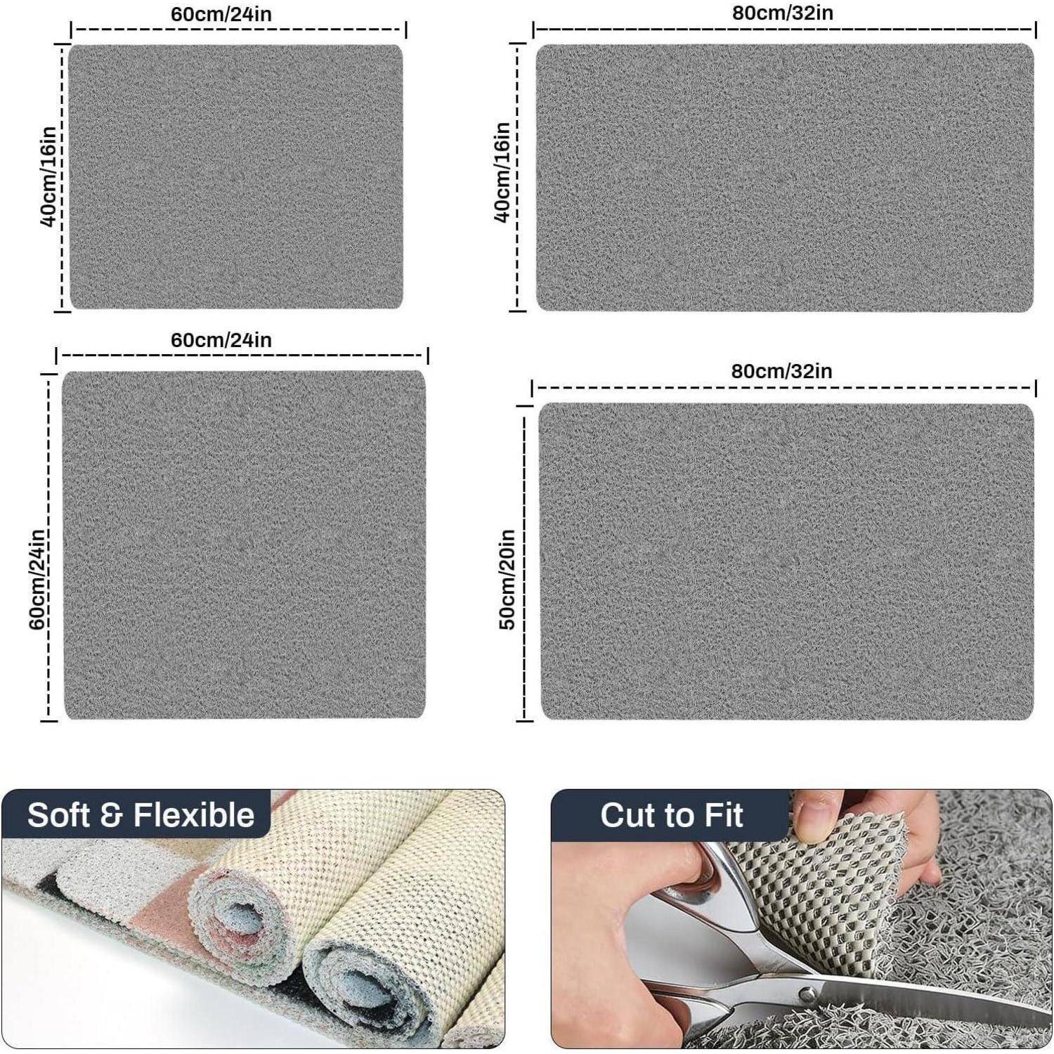 Produktgrößenleitfaden für eine weiche, flexible Zuschneidbare Matte in vier Größen: 60x40 cm, 80x40 cm, 60x60 cm und 80x50 cm.