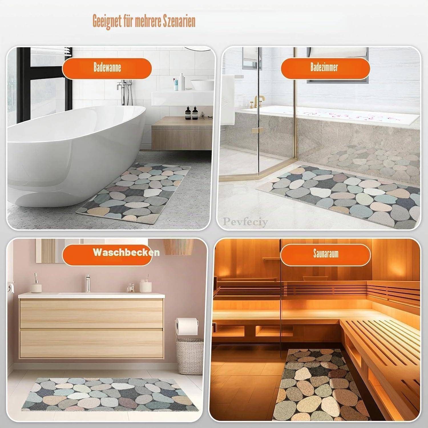 Vierteiliges Bild, das einen mehrfarbigen Kieselsteinmattenteppich in verschiedenen Räumen zeigt: Badewanne, Badezimmer, Spülbereich und Sauna.