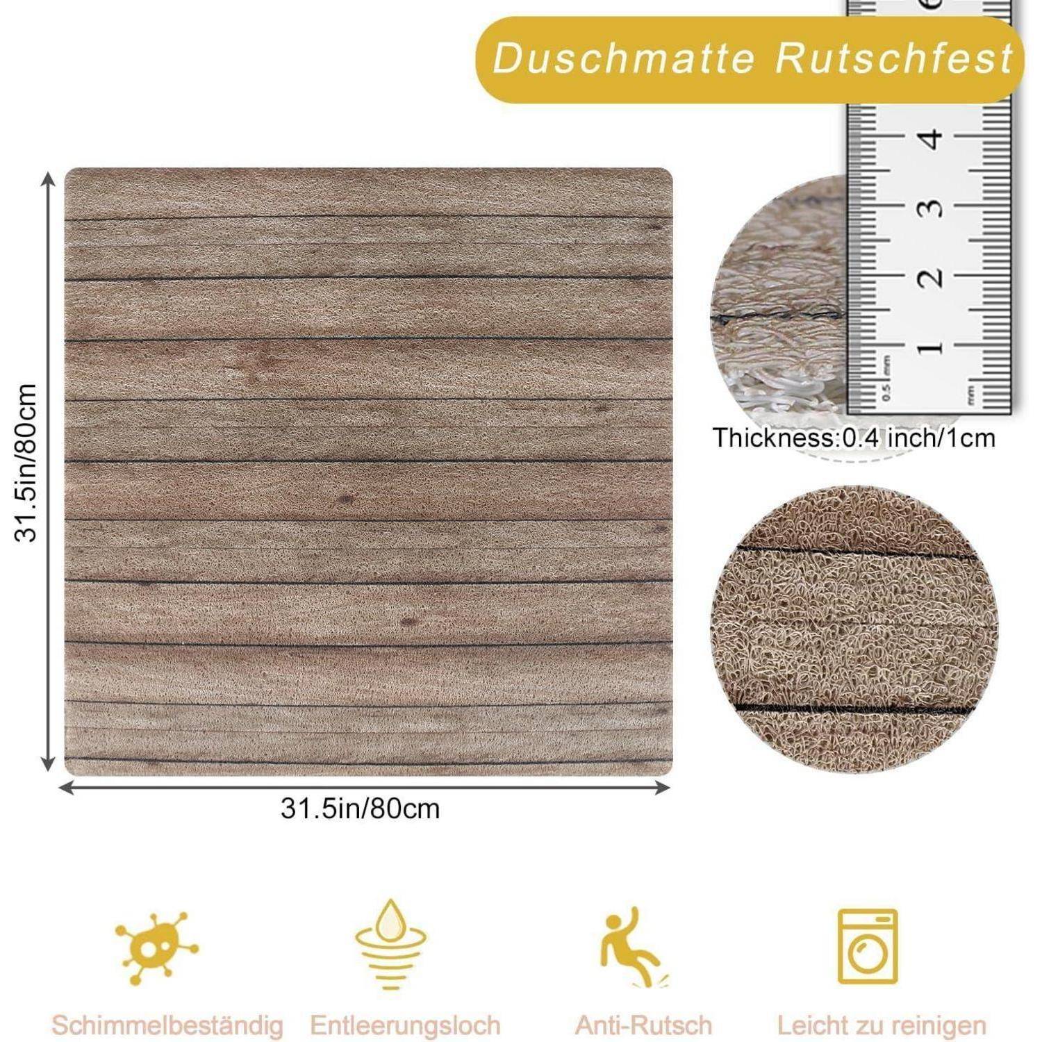 Braune 80 x 80 cm Antirutsch-Duschenmatte, 1 cm dick, gezeigt mit Größe, Nahaufnahmen der Textur und Symbolen für Schimmelresistenz, Drainage, Antirutsch und einfache Reinigung.