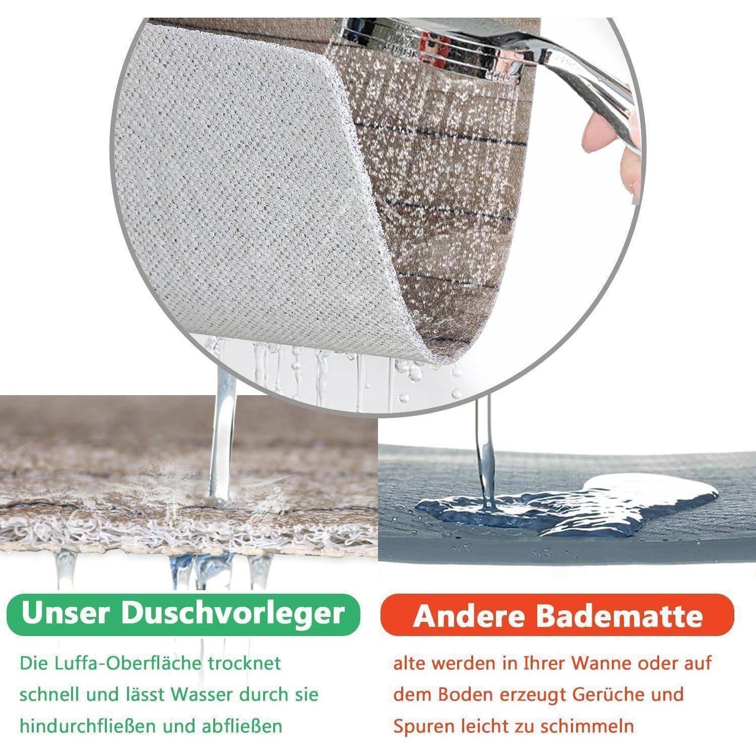 Vergleich einer Duscheinlage und einer anderen Badmatte, die zeigt, dass die Duscheinlage Wasser schnell ablässt und schnell trocknet, während die andere Wasser speichert und möglicherweise muffig riecht oder rutschig sein kann.