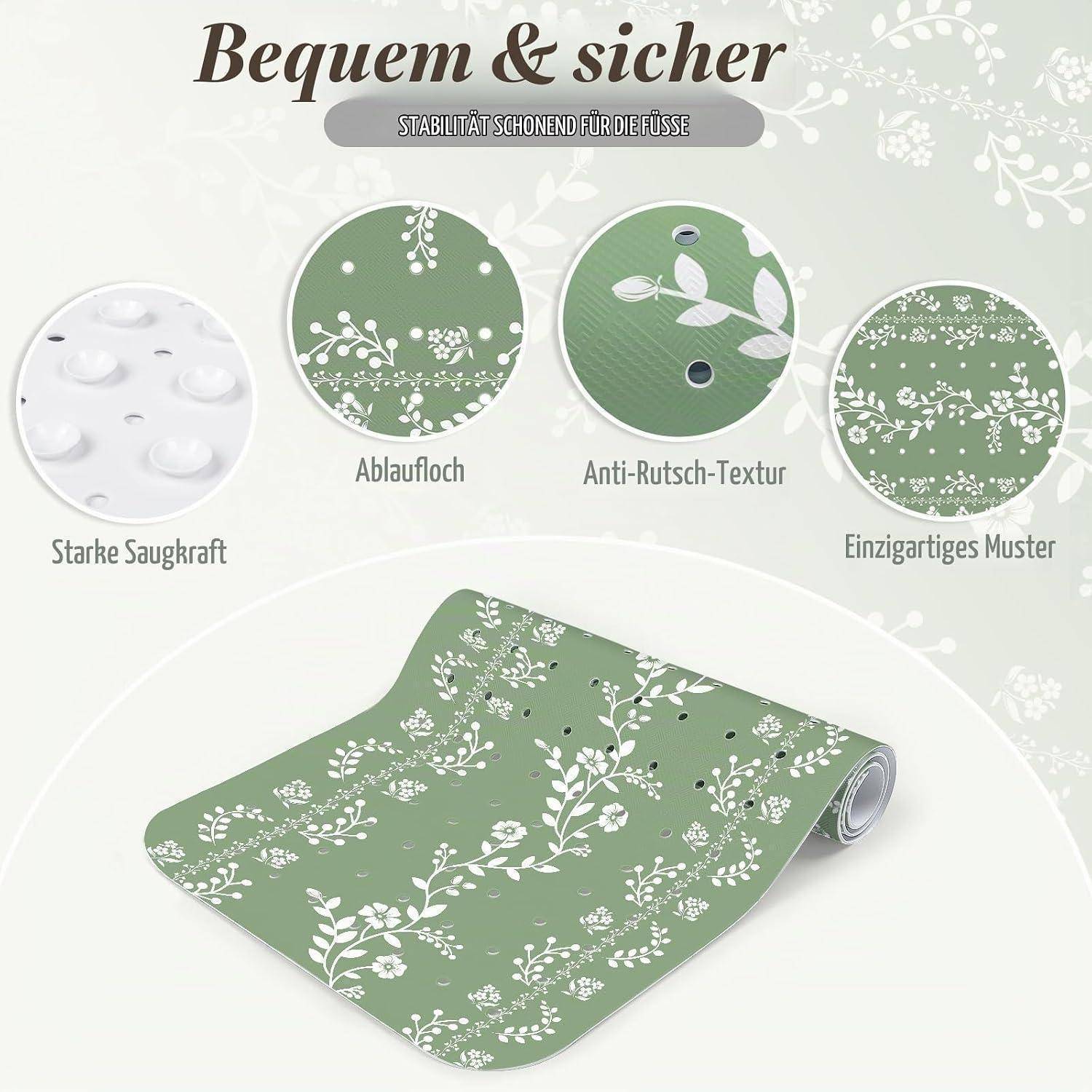 Promotionsbild einer grünen Blumenbadematte mit Saugnäpfen, Ablaufloch und rutschfester Oberfläche; deutscher Text sagt „Bequem & sicher
