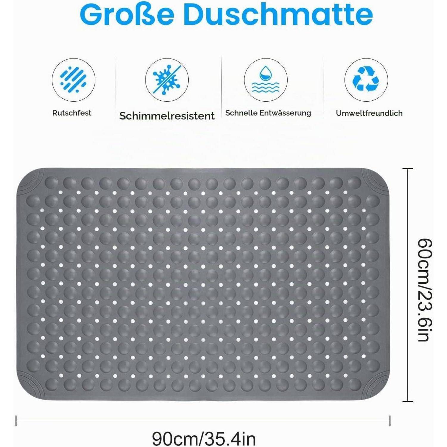Graue rechteckige Duschmatte mit erhöhten Saugnapfpunkten, beschriftet mit 90 cm x 60 cm, mit Hervorhebung der Eigenschaften rutschfest, schimmelresistent, schnell trocknend und umweltfreundlich.