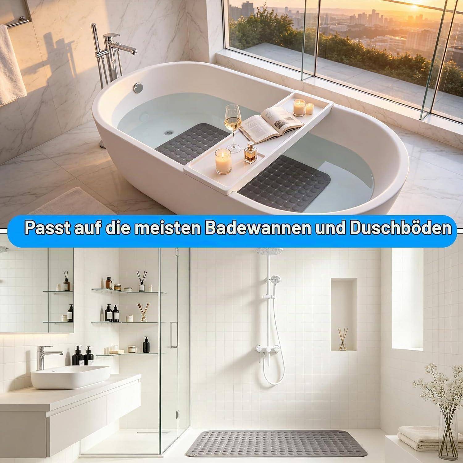 Collage aus einer schlanken Badewannenmatte auf einem Badewannentablett und auf einem Duschboden, beschriftet mit „Passt auf die meisten Badewannen und Duschböden