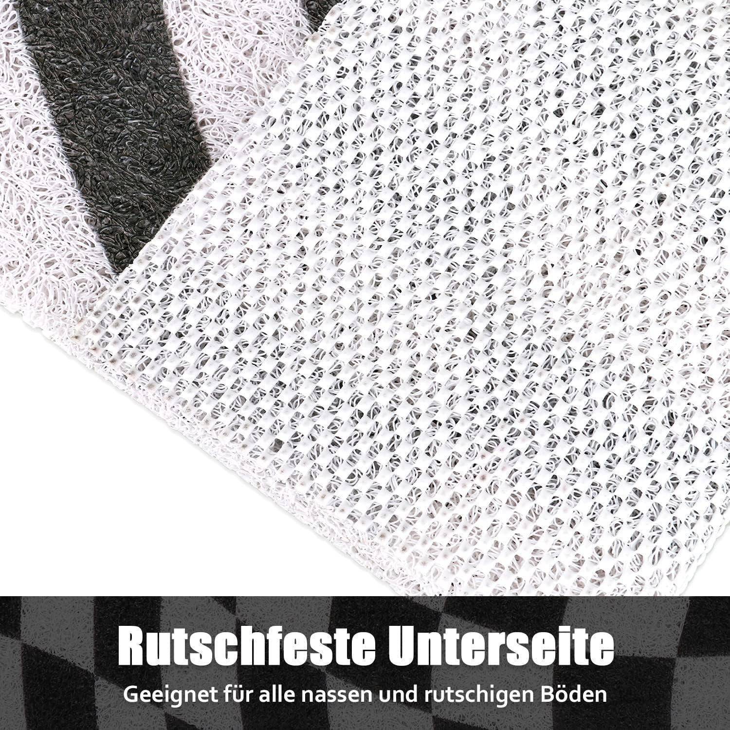 Nahaufnahme einer weißen Mesh-Antirutsch-matte mit schwarzer Rückseite; der Text besagt „Rutschfeste Unterseite
