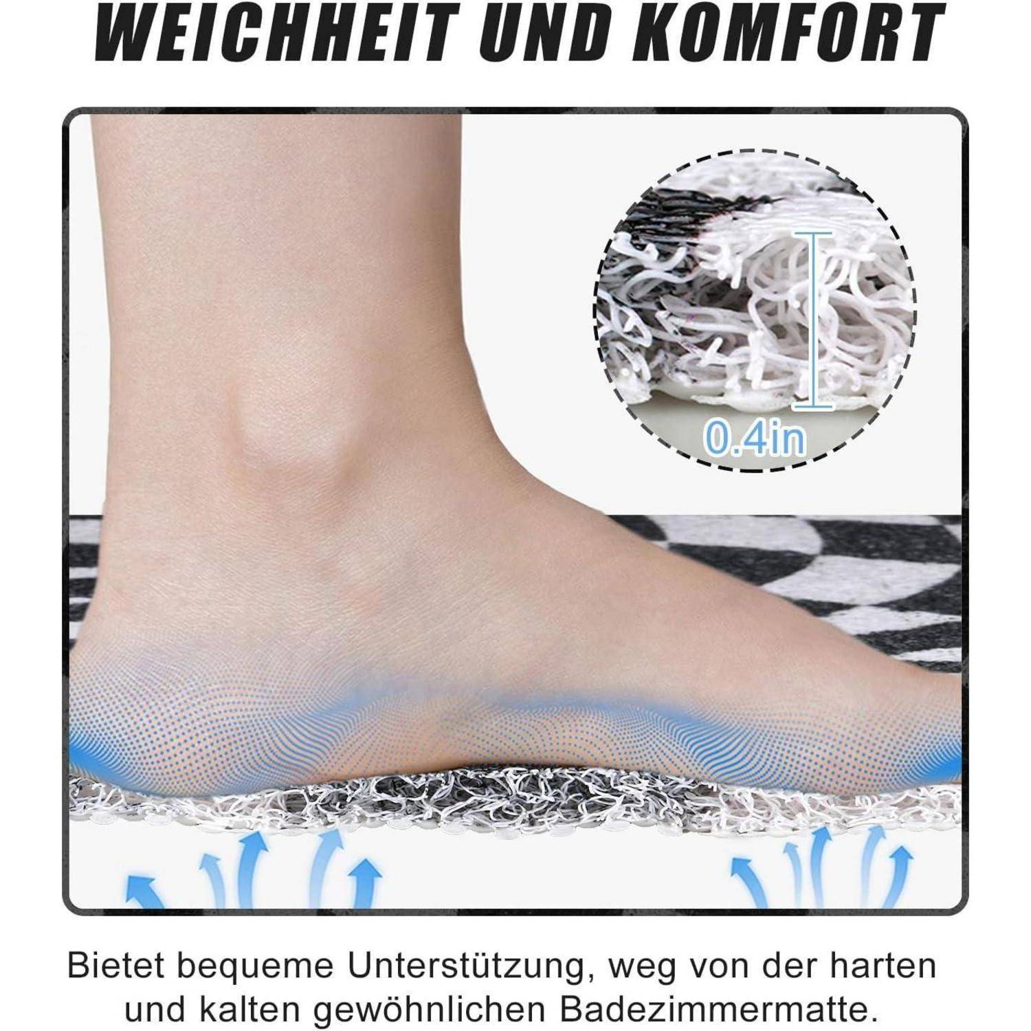 Fuß ruht auf einer gepolsterten Matte, die Unterstützung und Komfort zeigt, mit eingefügter Nahaufnahme der geschichteten Fasern, die mit '0,4 Zoll' und deutschem Text gekennzeichnet sind.
