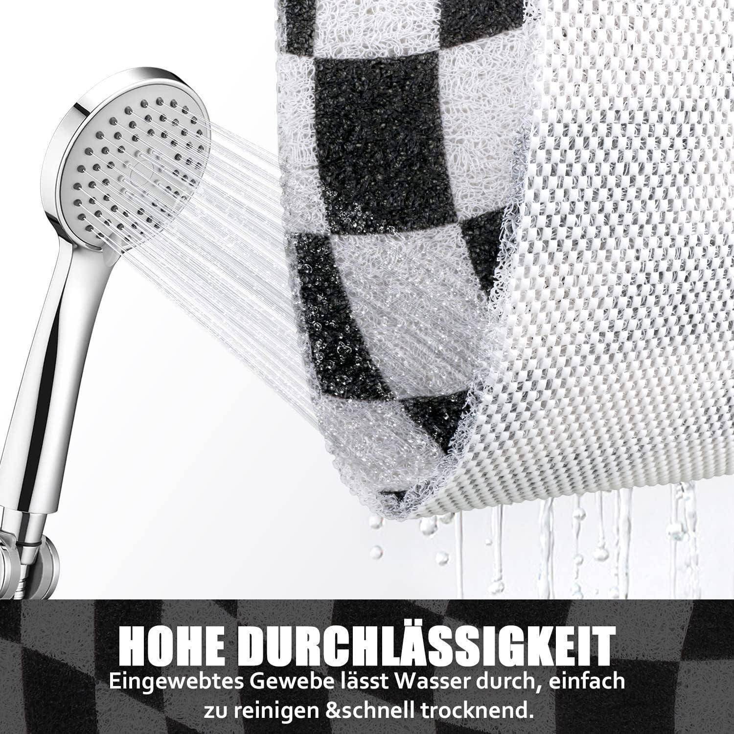Duschkopf sprüht Wasser auf gewebtes Material; Text sagt „HOHE DURCHLÄSSIGKEIT