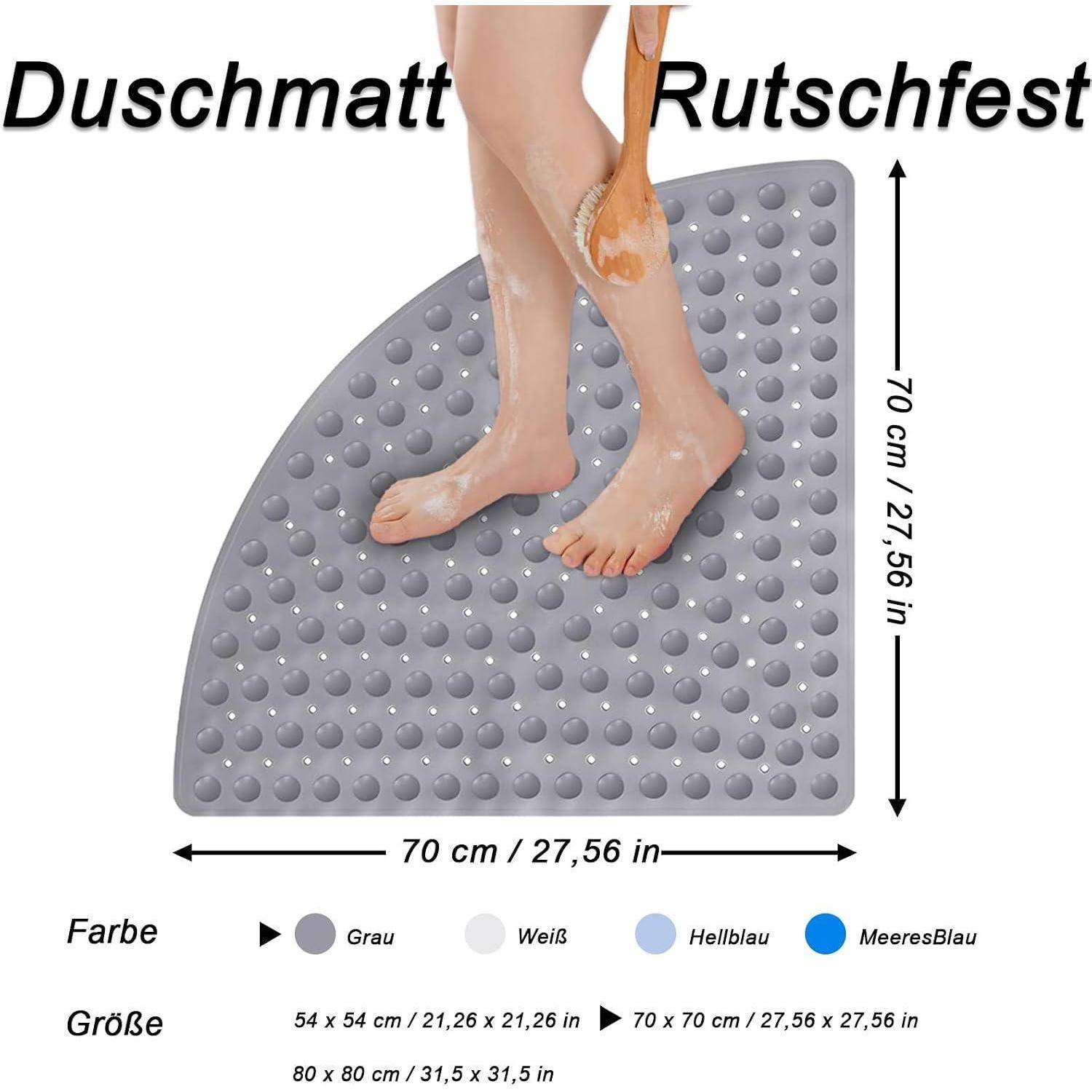 Graue rutschfeste Badewannenmatte mit Saugnapfnoppen, gezeigt in der Größe 70 x 70 cm; deutsche Etiketten listen Farboptionen grau, weiß, hellblau und meeresblau auf.