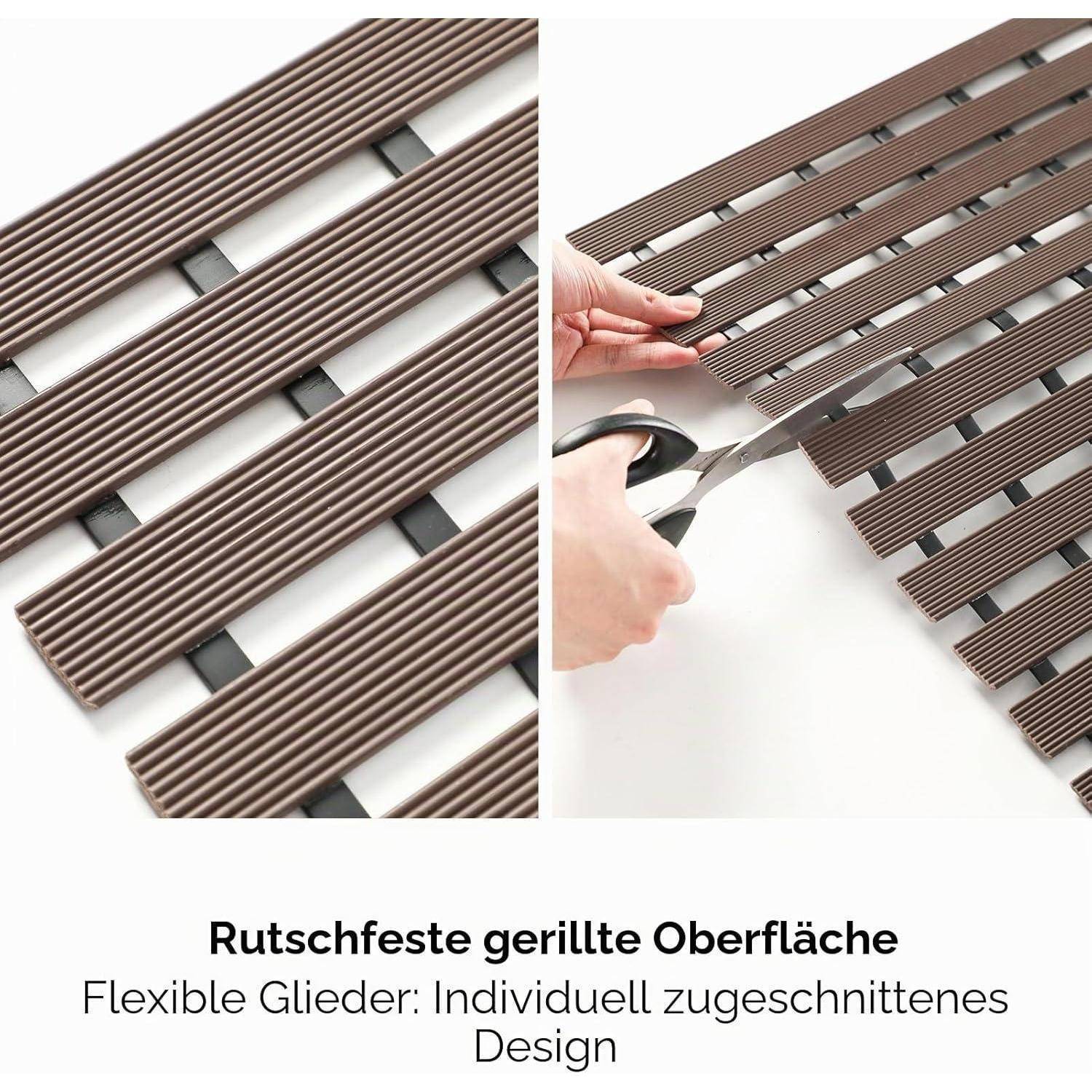 Hände schneiden eine braune gerillte rutschfeste Matte in maßgeschneiderte Streifen; deutscher Text sagt „Rutschfeste gerillte Oberfläche