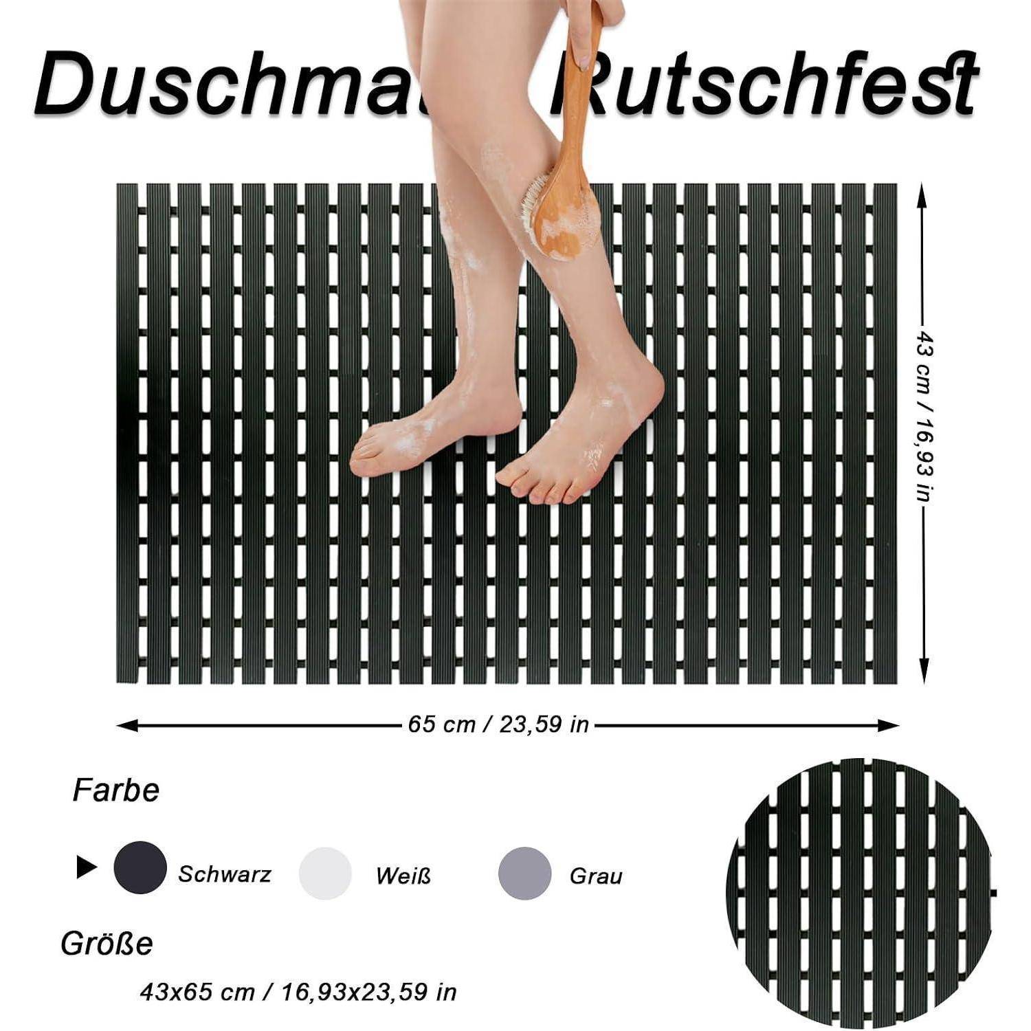 Produktbild einer schwarzen Badematte mit der Bezeichnung „Duschmatte Rutschfest