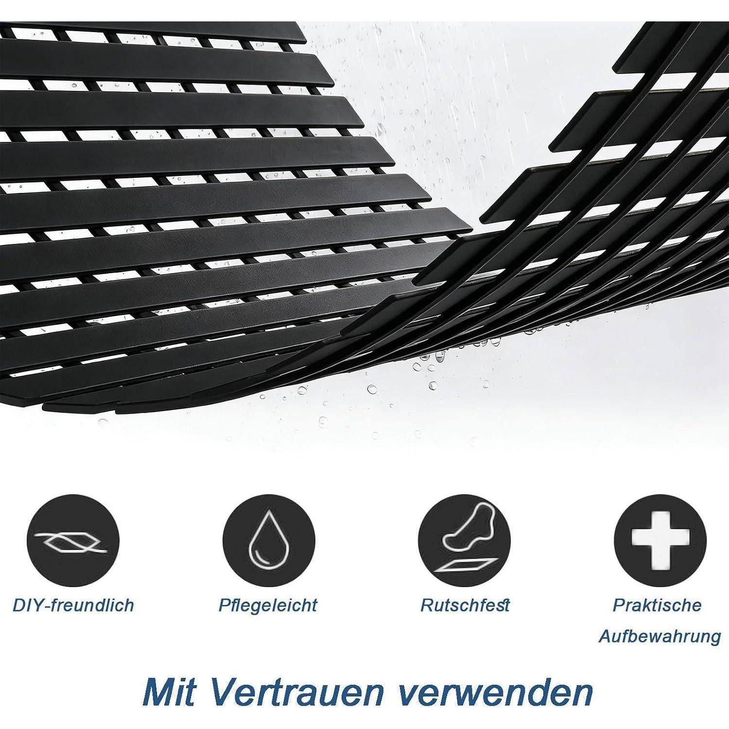 Schwarze Slatmatte mit Wassertropfen darauf, die vier Eigenschaften hervorhebt: DIY-freundlich, pflegeleicht, rutschfest und praktische Lagerung.