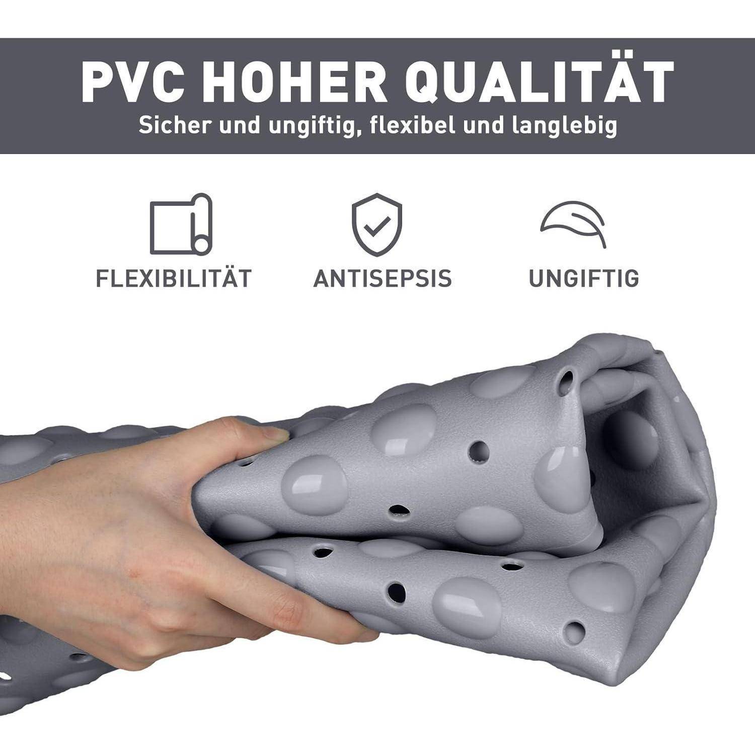 Werbeanzeige, die Hände zeigt, die ein graues PVC-Rohr dehnen, und für 