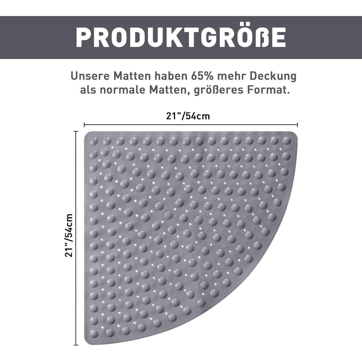 Produktgrößen-Grafik zeigt eine graue strukturierte Matte, 21 x 21 Zoll (54 x 54 cm), mit 65% mehr Abdeckung als Standard-Matten und einem größeren Format.