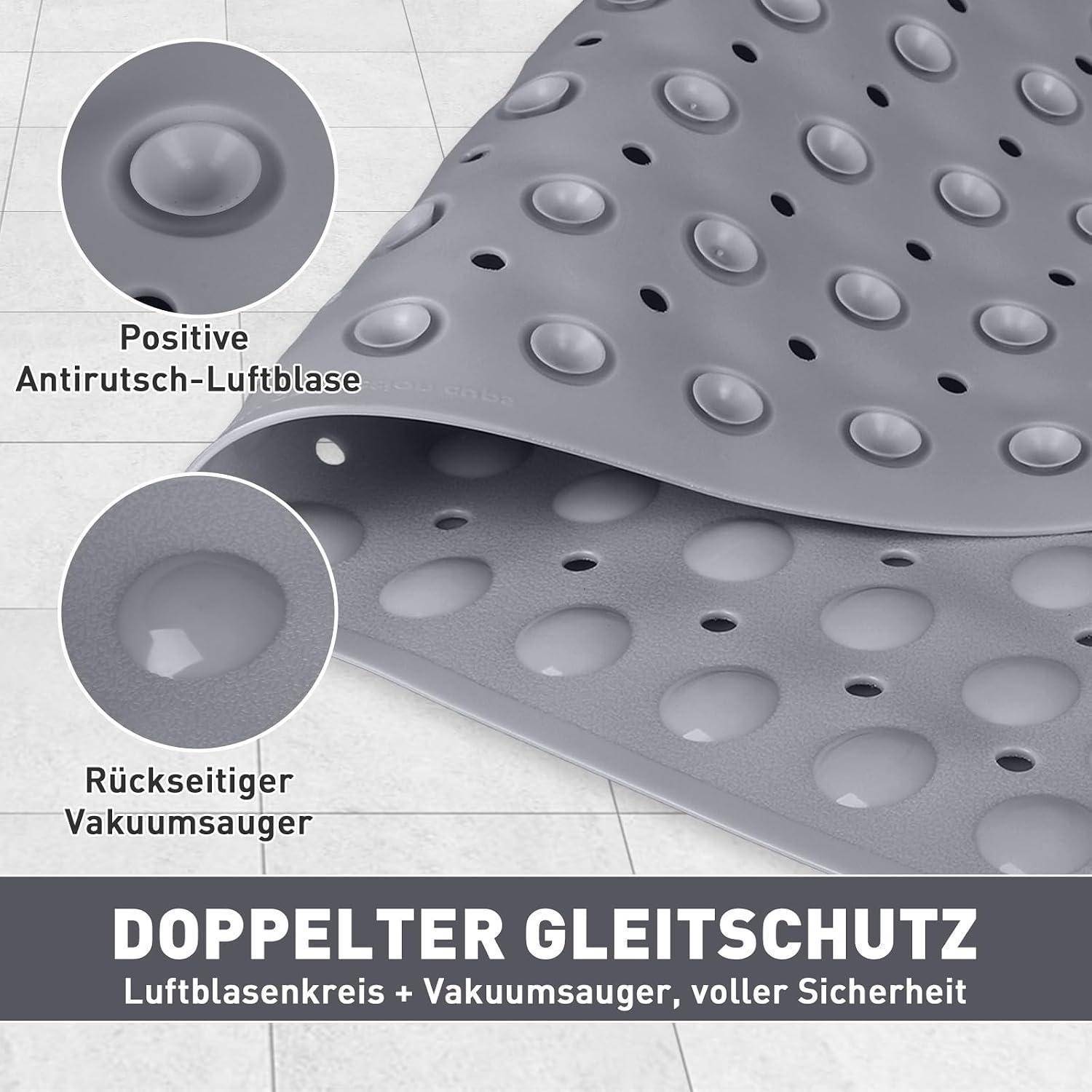 Die Anzeige zeigt eine graue rutschsichere Matte mit Luftbläschen oben und Vakuumsaugnapfeln unten, gekennzeichnet mit 'DOPPELTER GLEITSCHUTZ' für doppelten Rutschschutz.