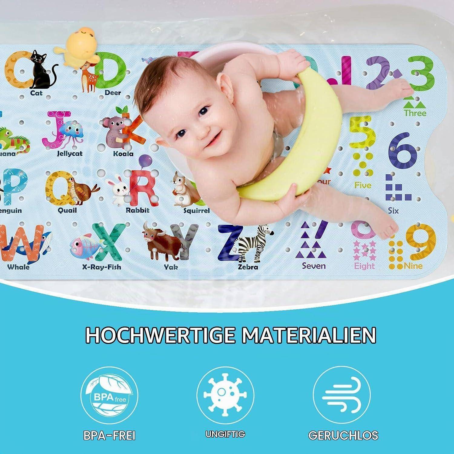 Baby liegt auf einer farbenfrohen pädagogischen Spielmatte mit Tierbuchstaben und Zahlen 1-9; Produktansprüche sind „BPA-FREI