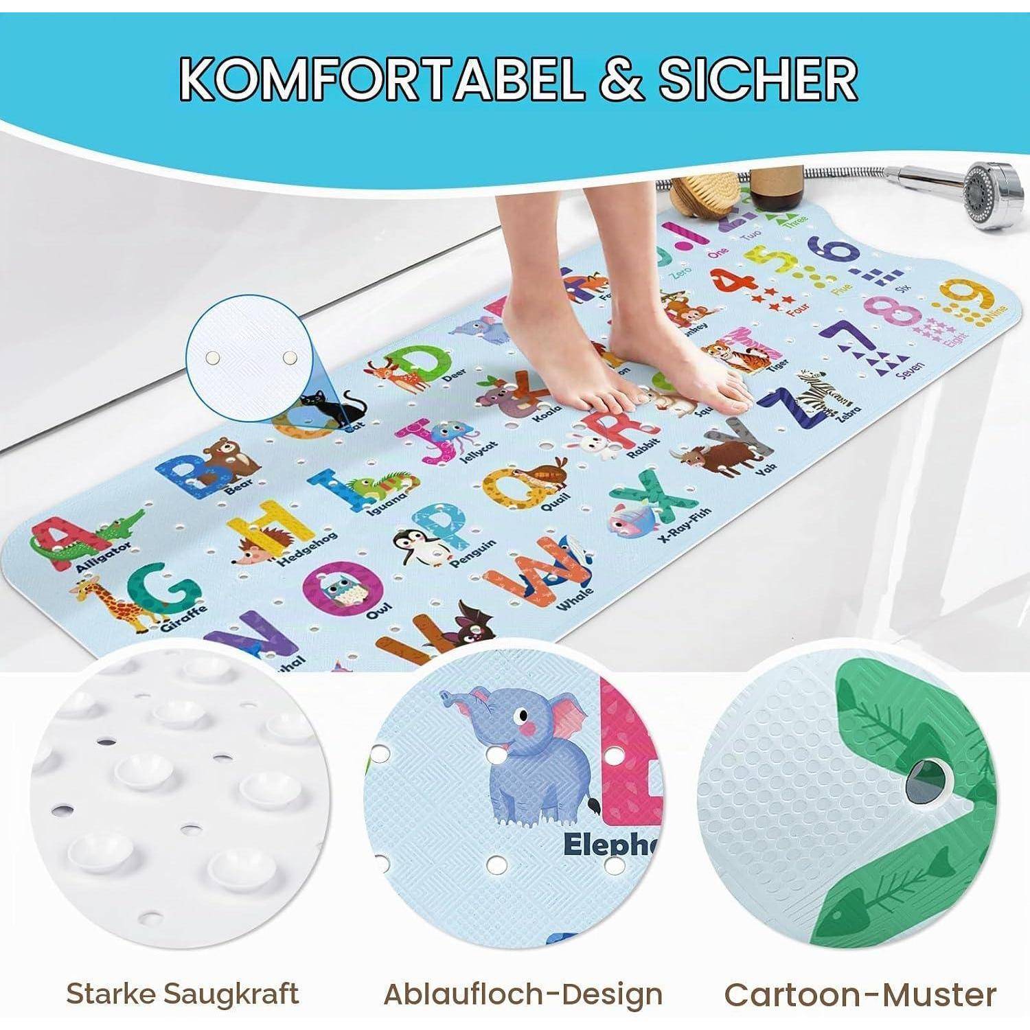 Babybadematte mit Alphabet- und Tierdruck; verfügt über starke Saugnapfe, Abzugsloch-Design und rutschfeste strukturierte Oberfläche.
