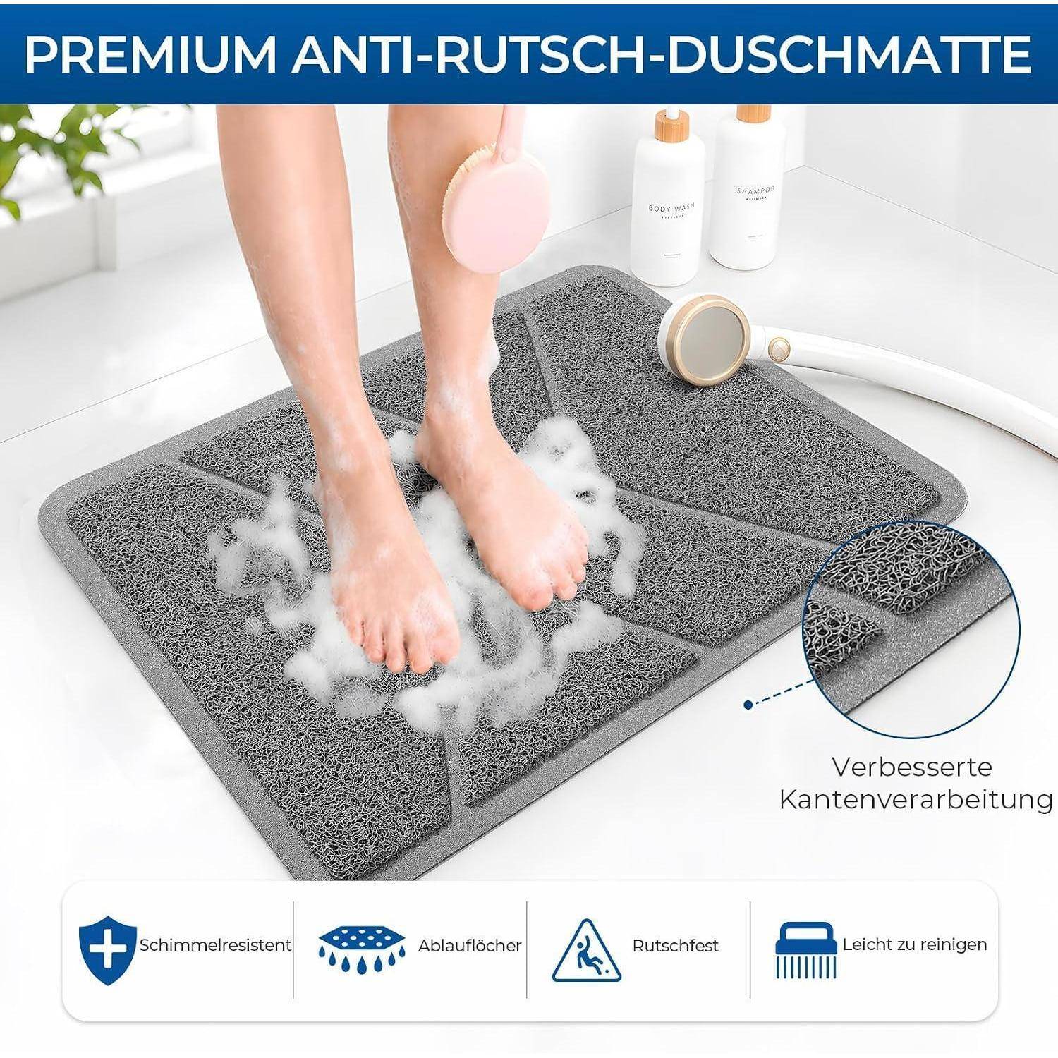 Füße werden auf einer grauen rutschfesten Duschmatte mit Schaum gewaschen; der Text sagt „Premium anti-rutsch-Duschmatte" und hebt Schimmelbeständigkeit, Drainage, Griffigkeit und einfache Reinigung hervor.