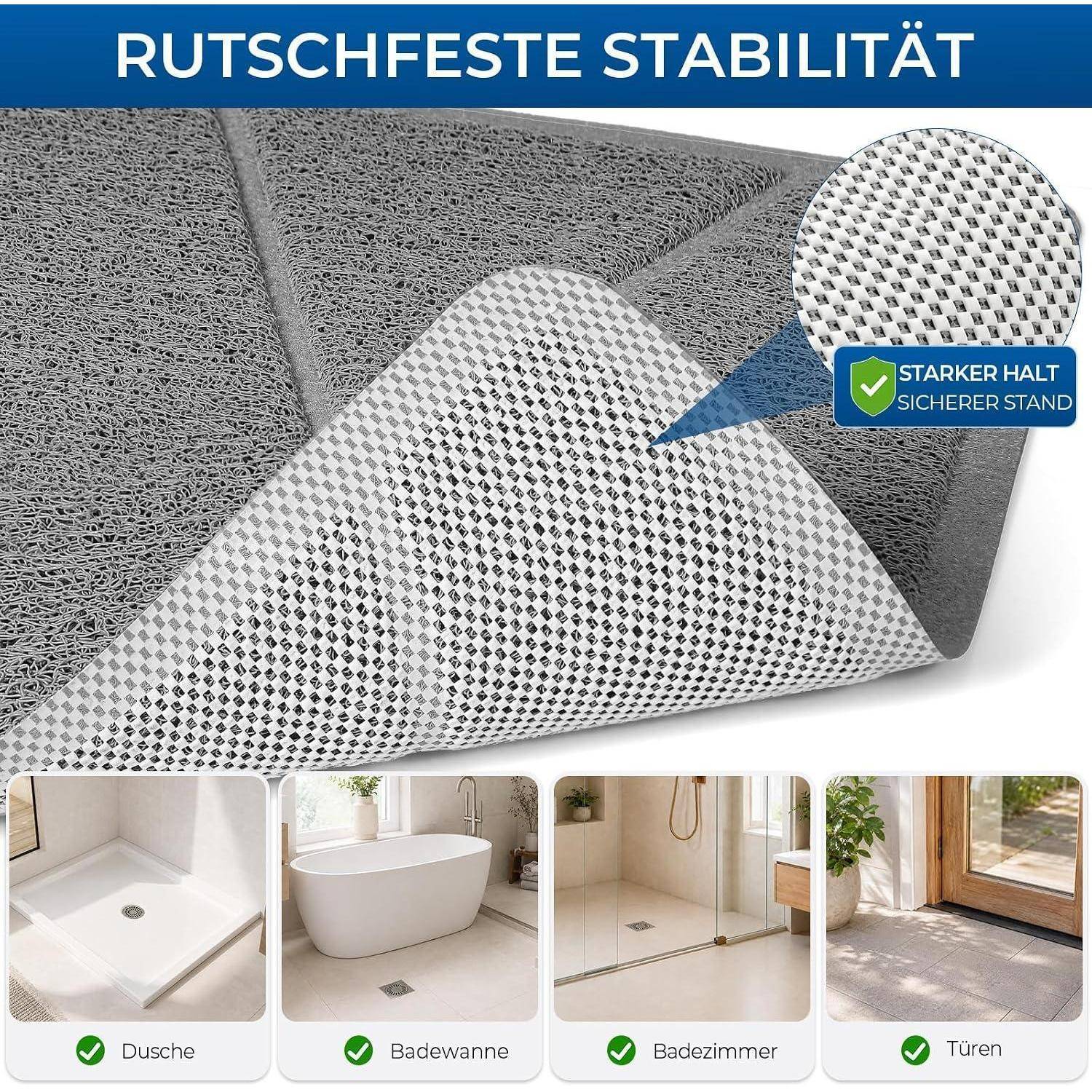 Werbebild einer rutschfesten Oberflächenmatte mit der Bezeichnung „RUTSCHFESTE STABILITÄT" mit Nahaufnahme der Textur und Symbolen, die die Verwendung in Dusche, Badewanne, Badezimmer und an Türen zeigen.