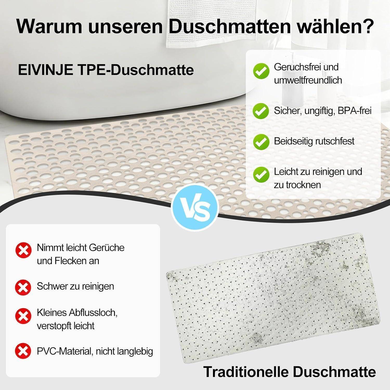 EIVINJE TPE Duschmat im Vergleich zur traditionellen Duschmat; TPE ist geruchlos, umweltfreundlich, BPA-frei, rutschfest, leicht zu reinigen und schnell trocknend.