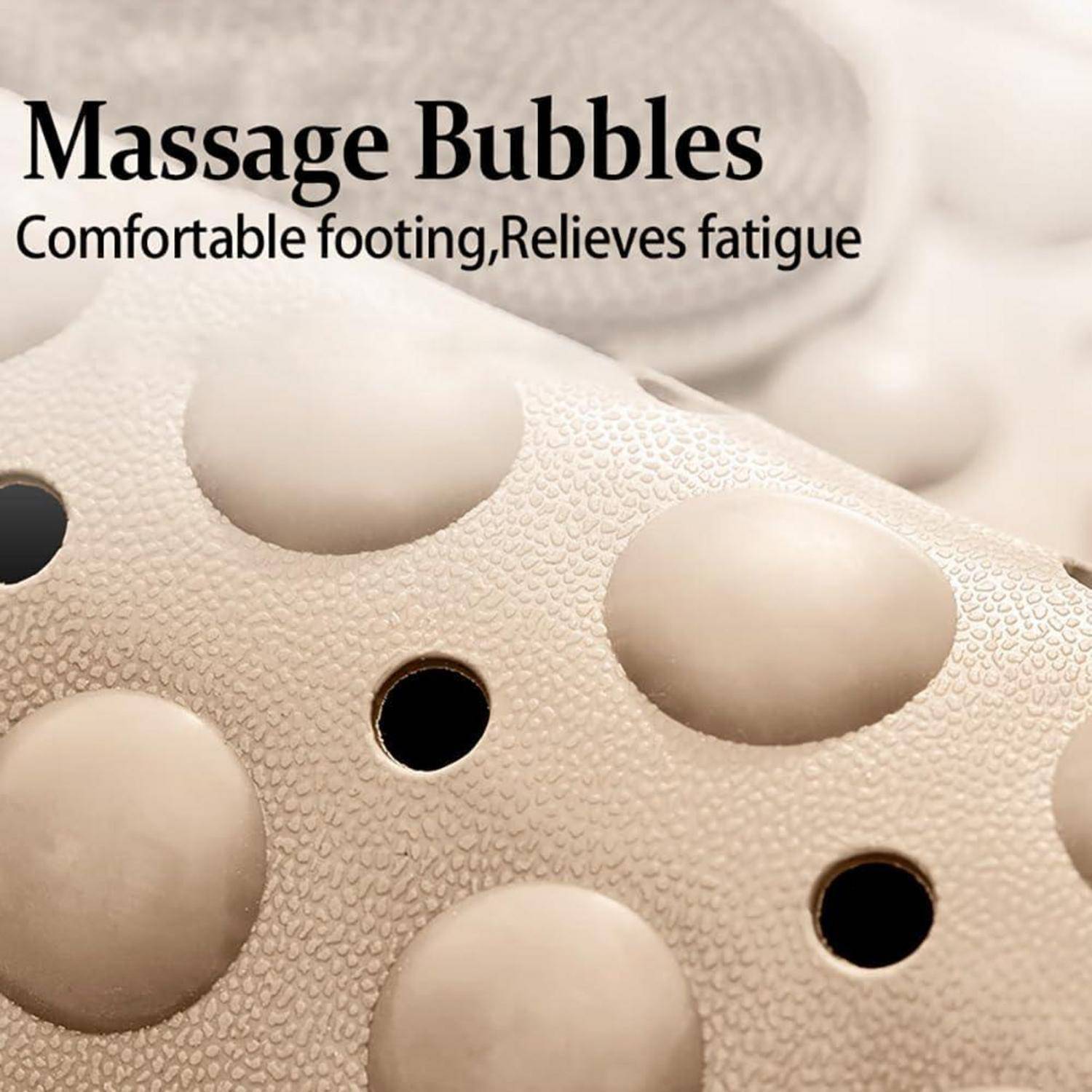 Nahaufnahme einer strukturierten Schuhsohle mit Massagebläschen, beschriftet mit „Massage Bubbles