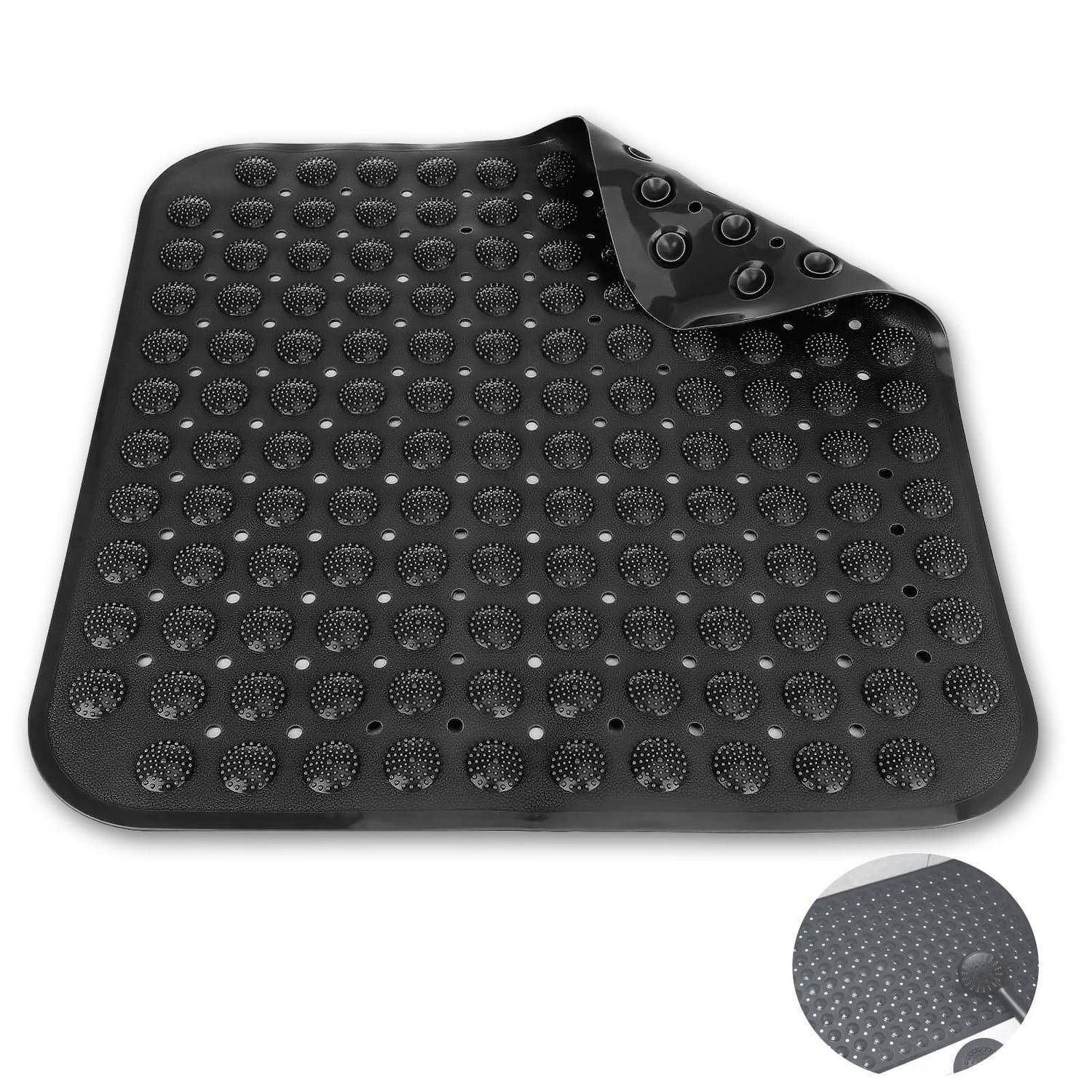 Schwarze strukturierte Gummibodenmatte mit abgelöster Ecke, die Saugnapfbecher zeigt, plus ein kleines Detailbild der Unterseite.