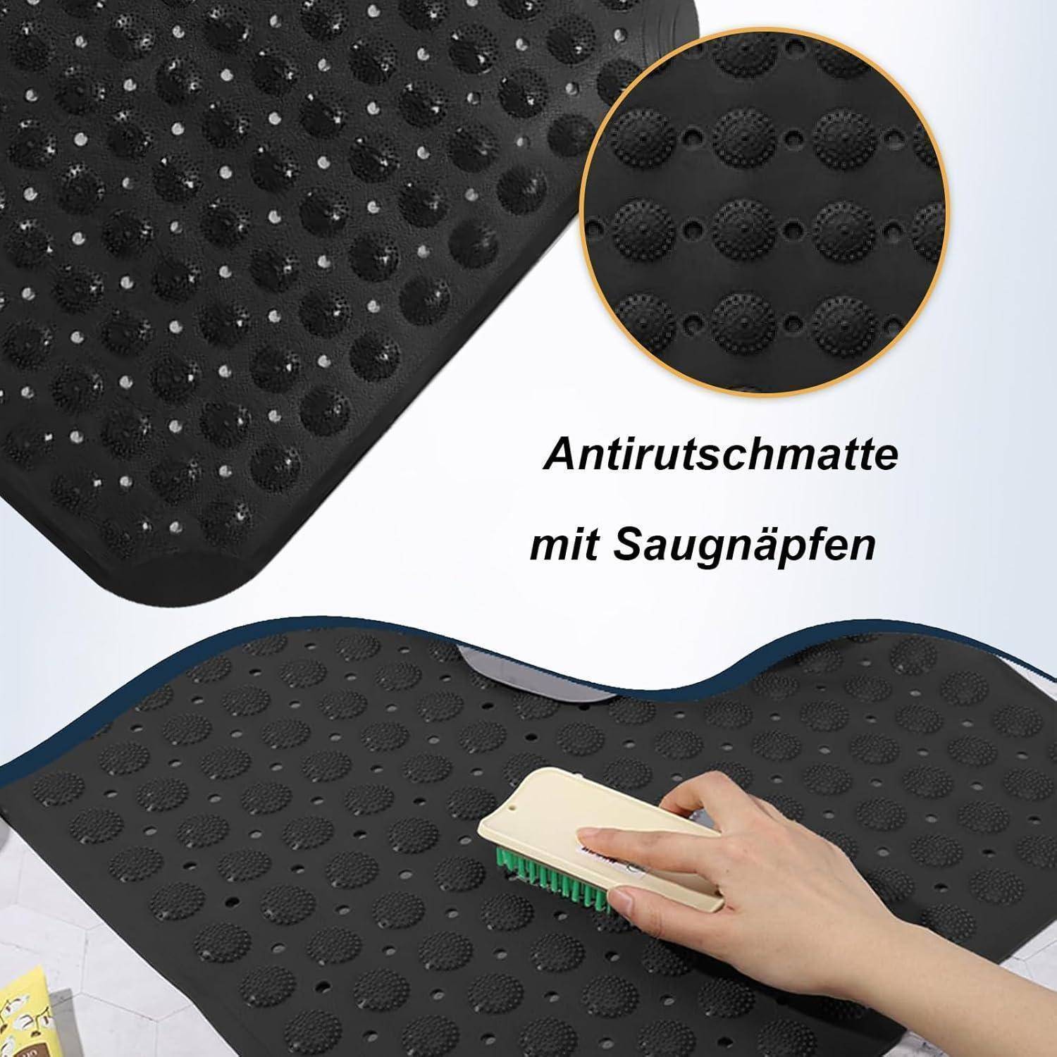 Schwarze Antirutschmatte mit Saugnäpfen, in Nahaufnahme gezeigt und wird mit einer Bürste geschrubbt; deutscher Text liest sich als 